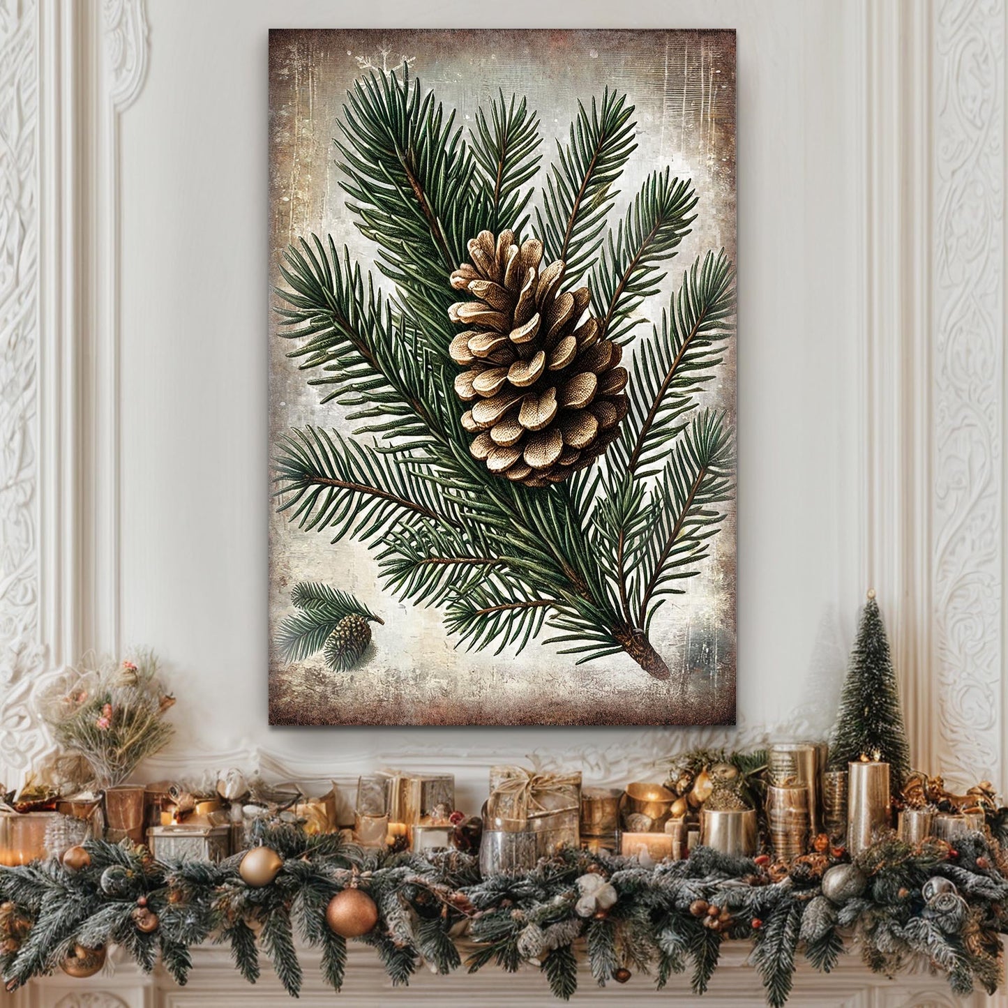 Vintage Winter Pine Cone Christmas Wall Art