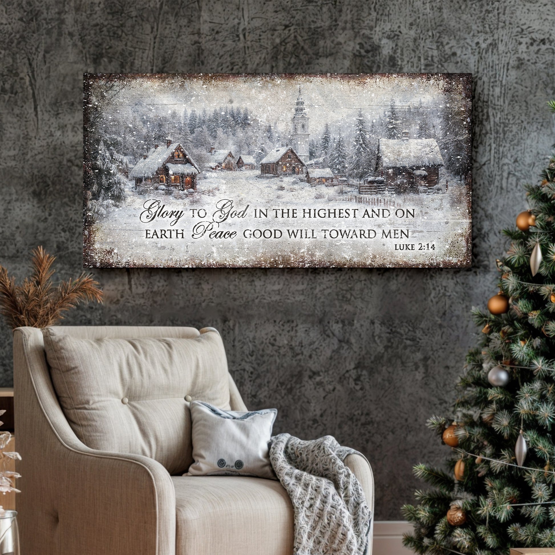 Vintage Christmas Village Luke 2:14 Scripture Sign | Image by Tailored Canvases