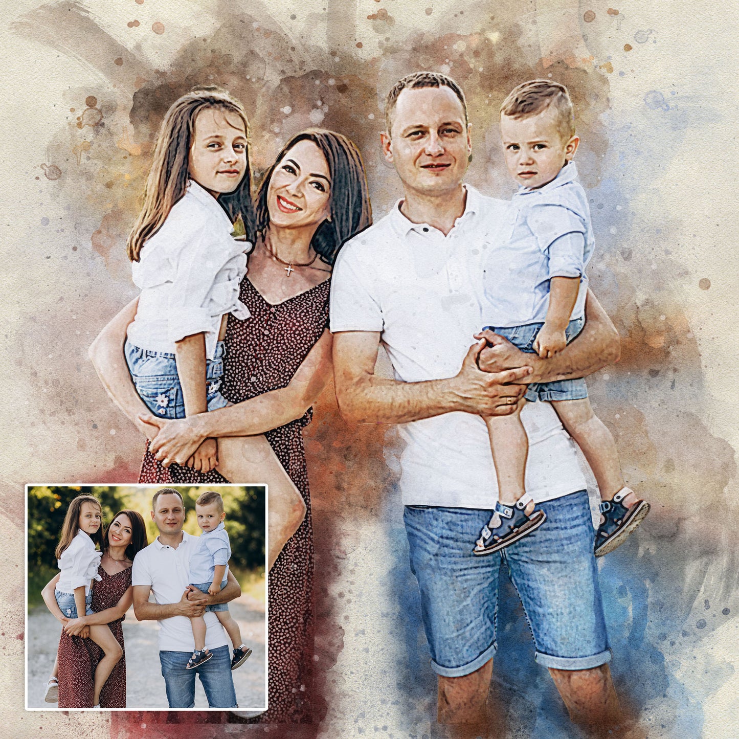 Family Watercolor Portrait Custom Wall Art