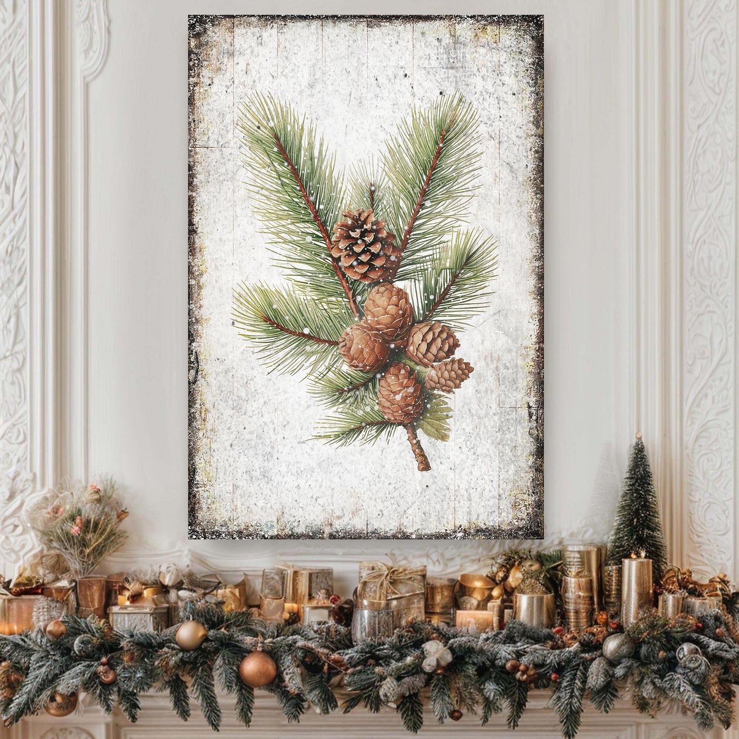 Vintage Winter Pine Cone Christmas Wall Art IV