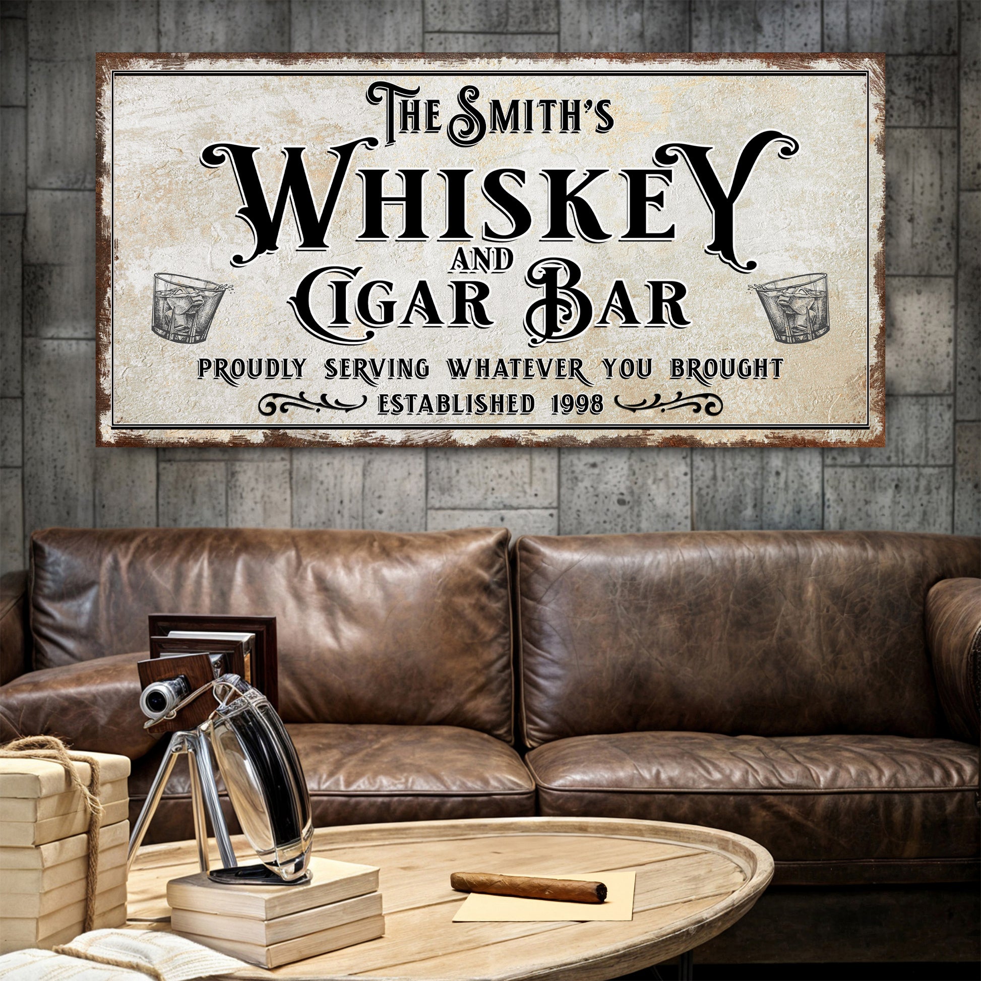 Personalized Whiskey and Cigar Bar Sign  - Image by Tailored Canvases