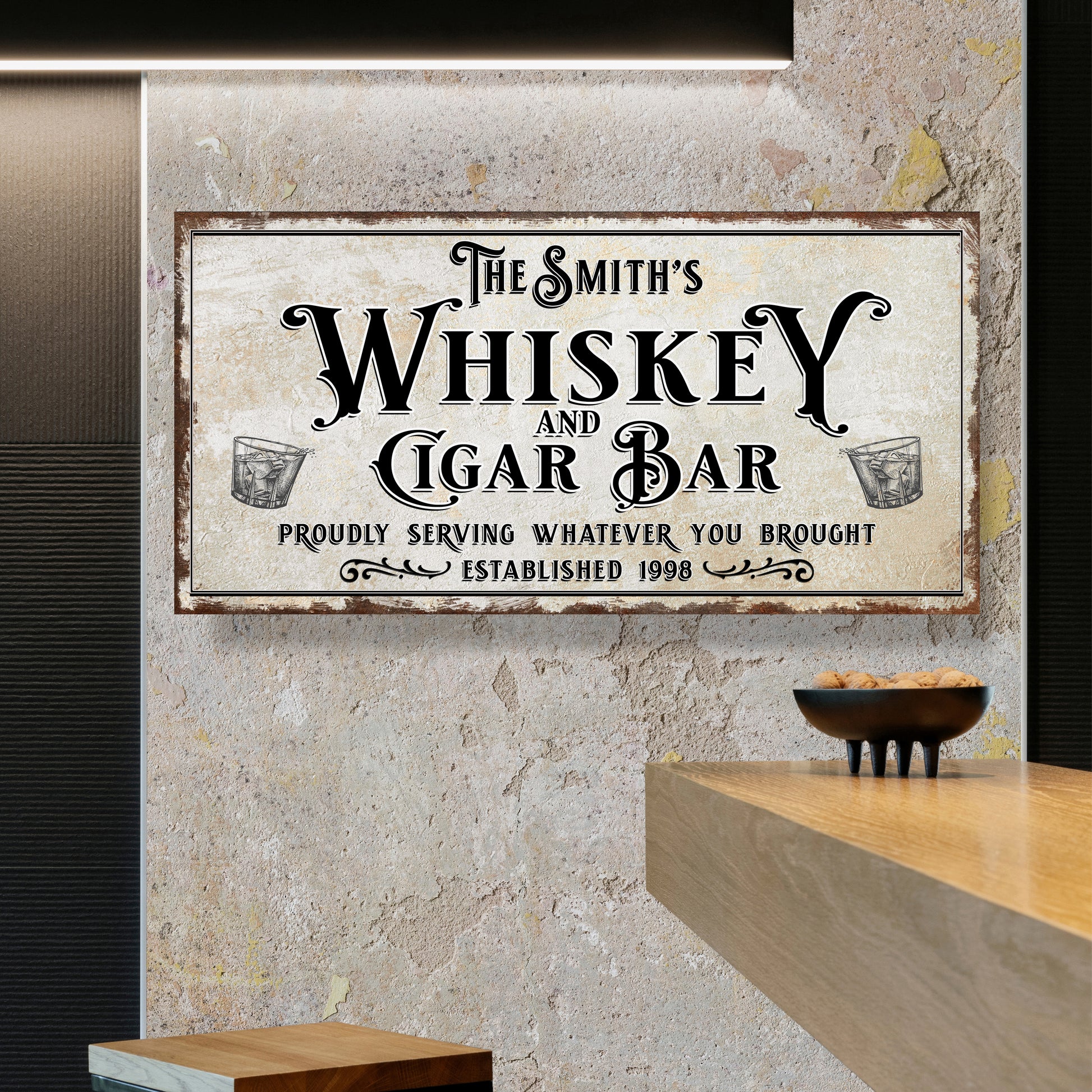 Personalized Whiskey and Cigar Bar Sign Style 2 - Image by Tailored Canvases