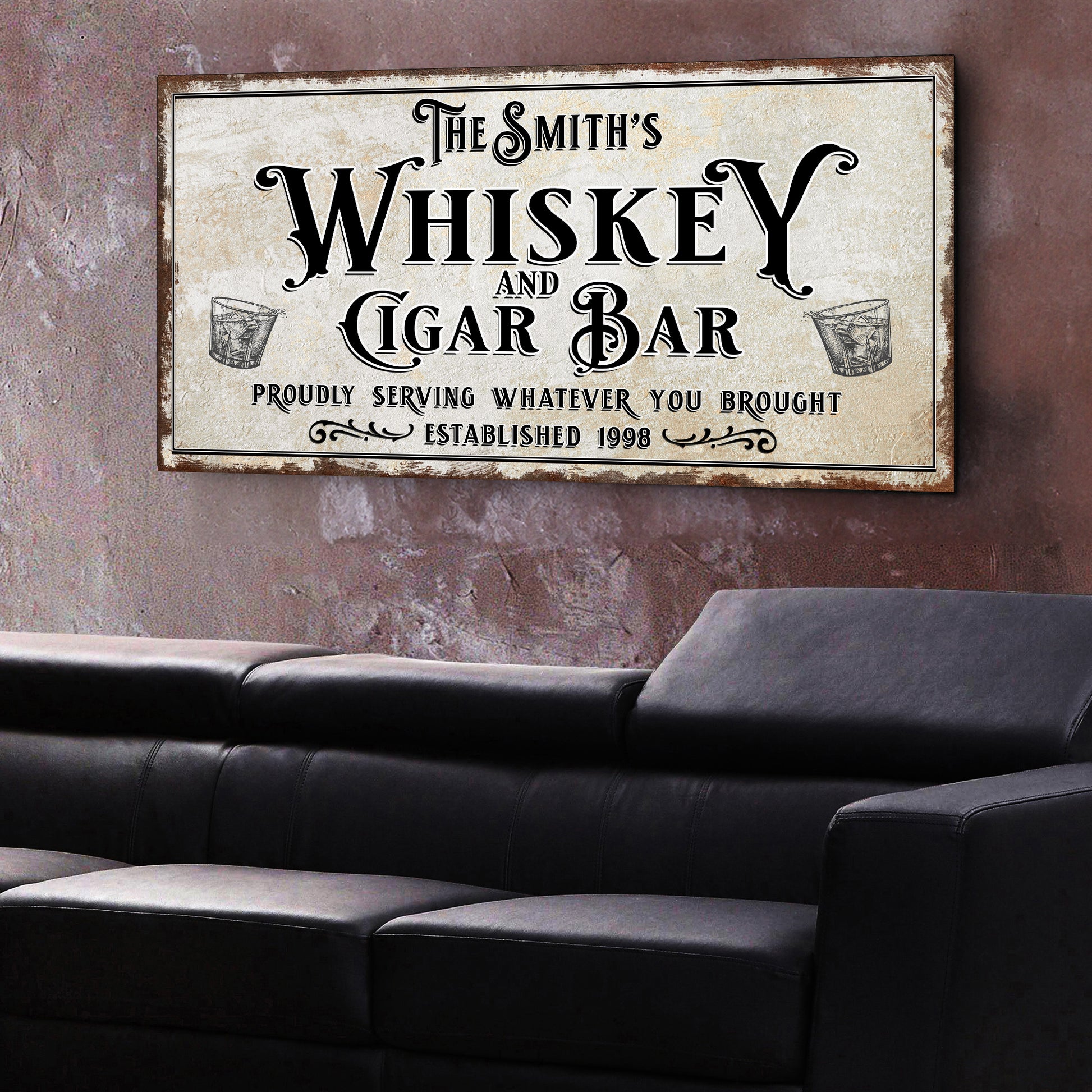 Personalized Whiskey and Cigar Bar Sign Style 1 - Image by Tailored Canvases