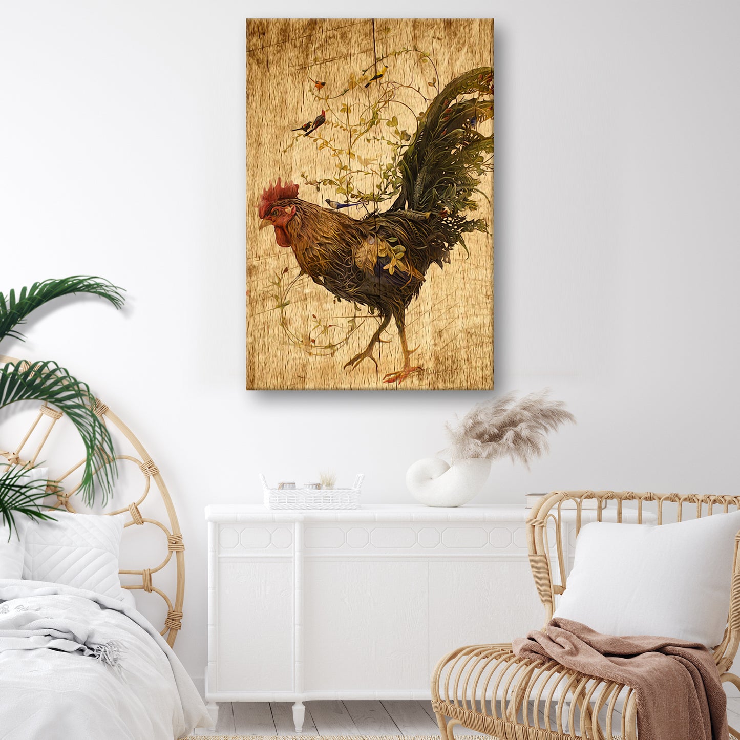 Rustic Leafy Rooster Canvas Wall Art Style 2 - Image by Tailored Canvases