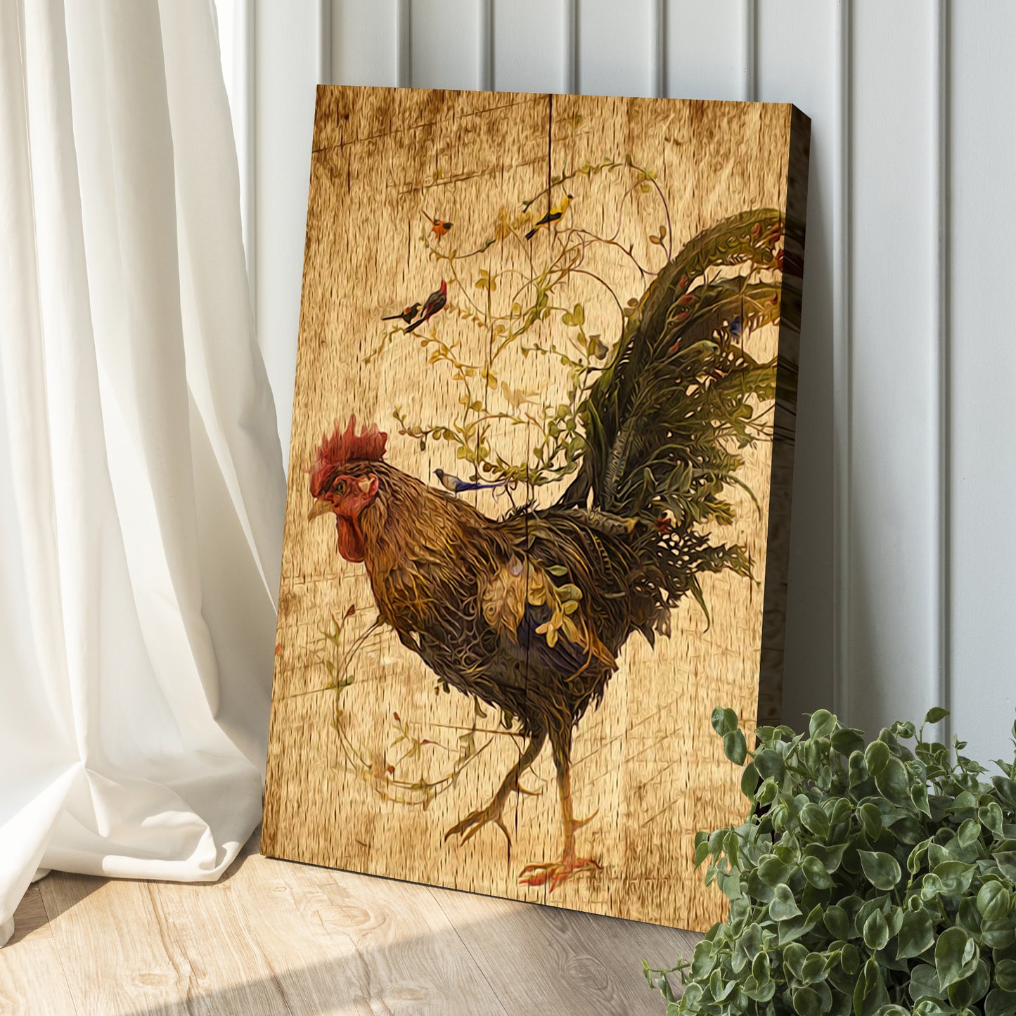 Rustic Leafy Rooster Canvas Wall Art Style 1 - Image by Tailored Canvases