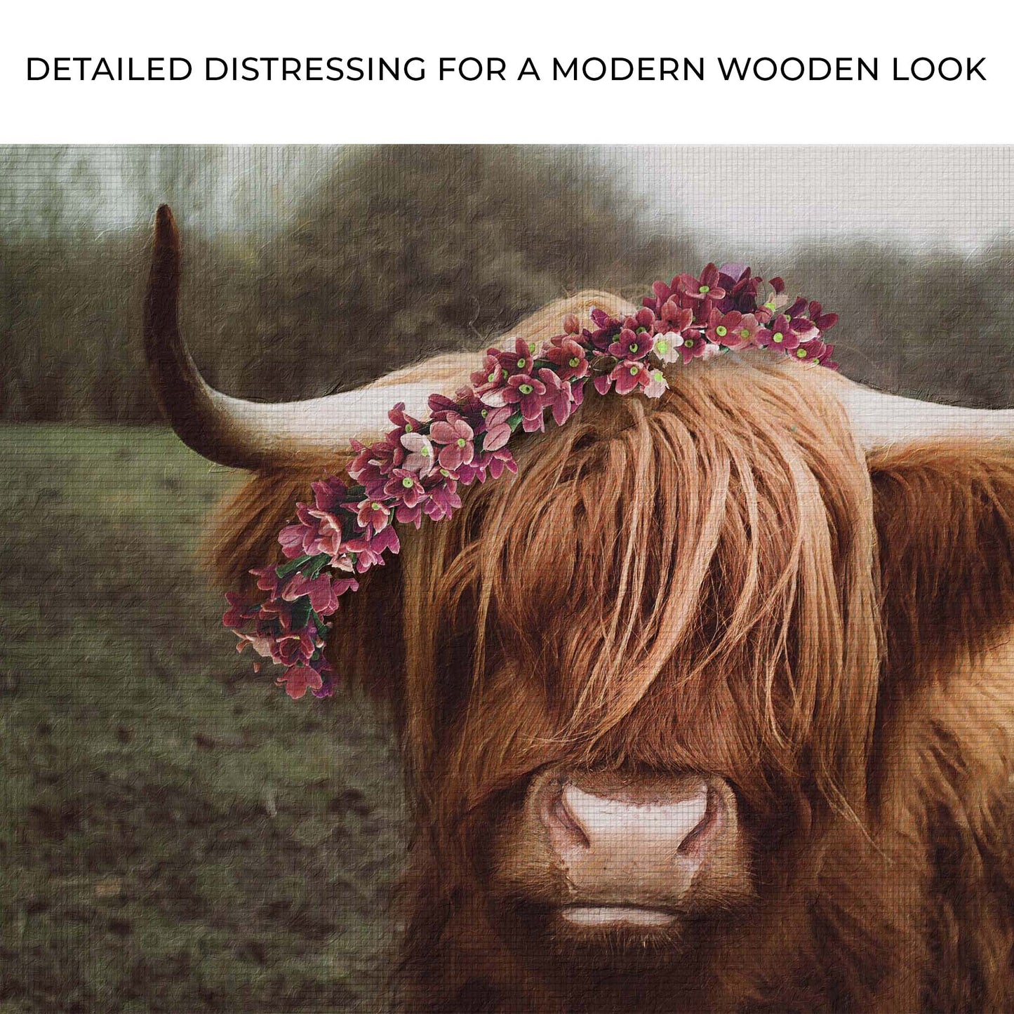 Retro Floral Crown Highland Cow Canvas Wall Art Zoom - Image by Tailored Canvases