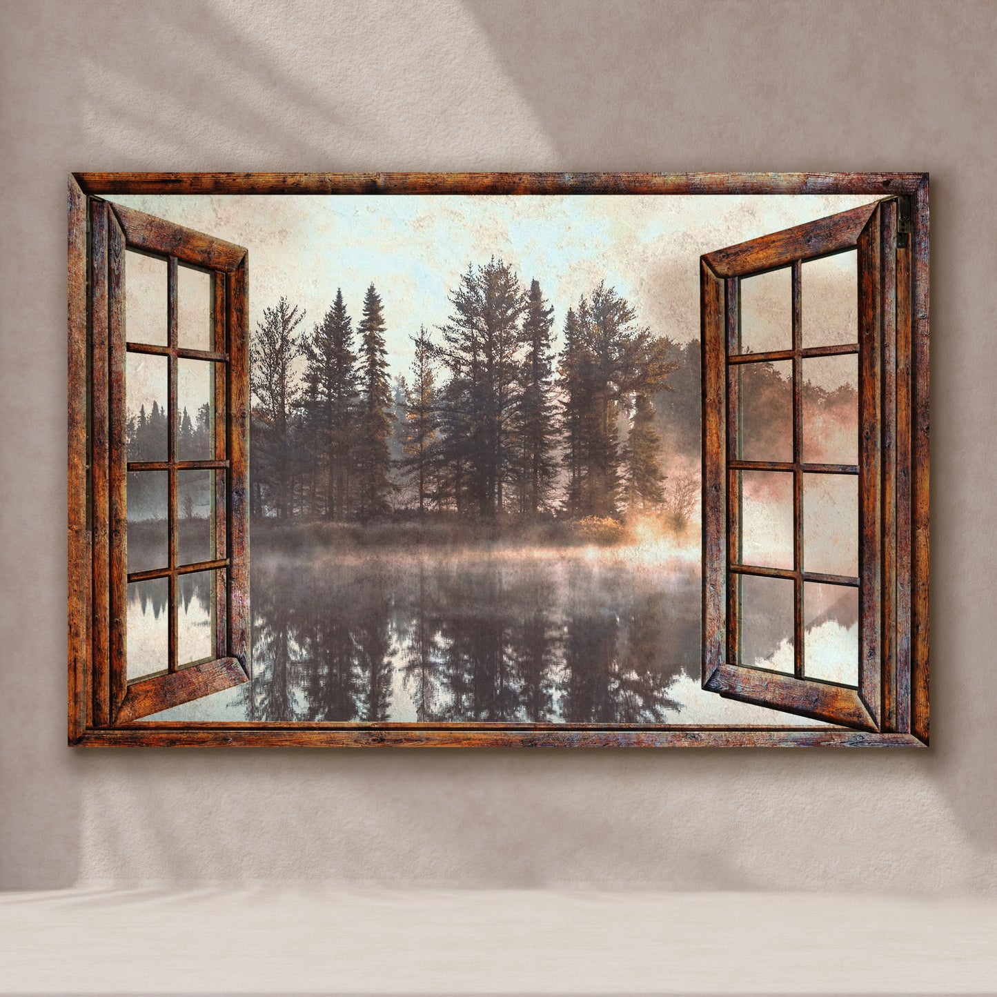 Foggy Autumn Lake View By The Window Canvas Wall Art (Free Shipping)