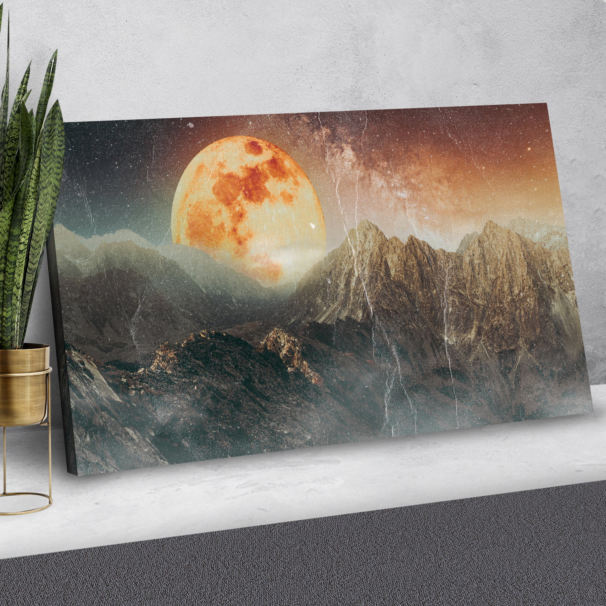 Orange Full Moon Behind Mountain Range Canvas Wall Art Style 1 - Image by Tailored Canvases