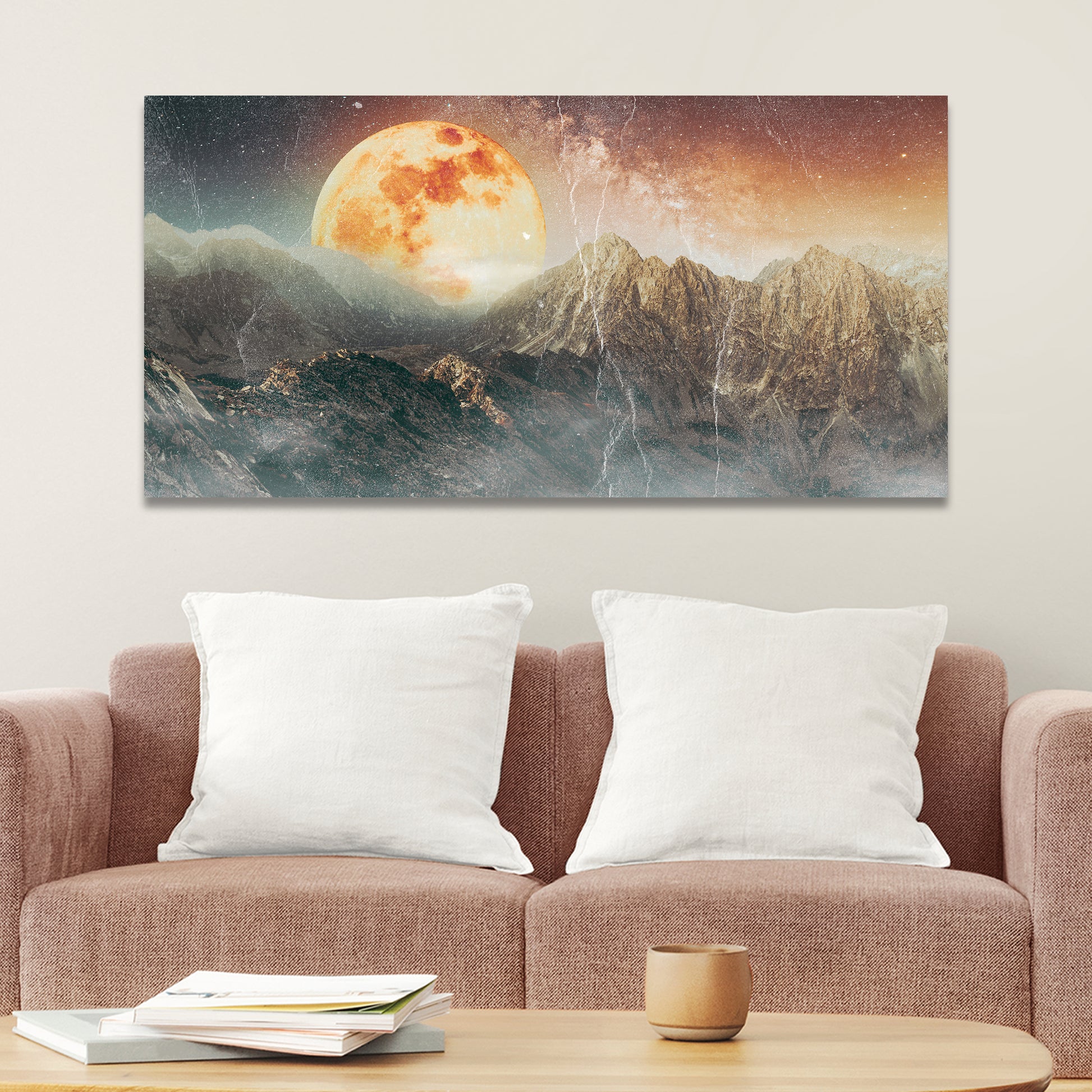 Orange Full Moon Behind Mountain Range Canvas Wall Art Style 2 - Image by Tailored Canvases