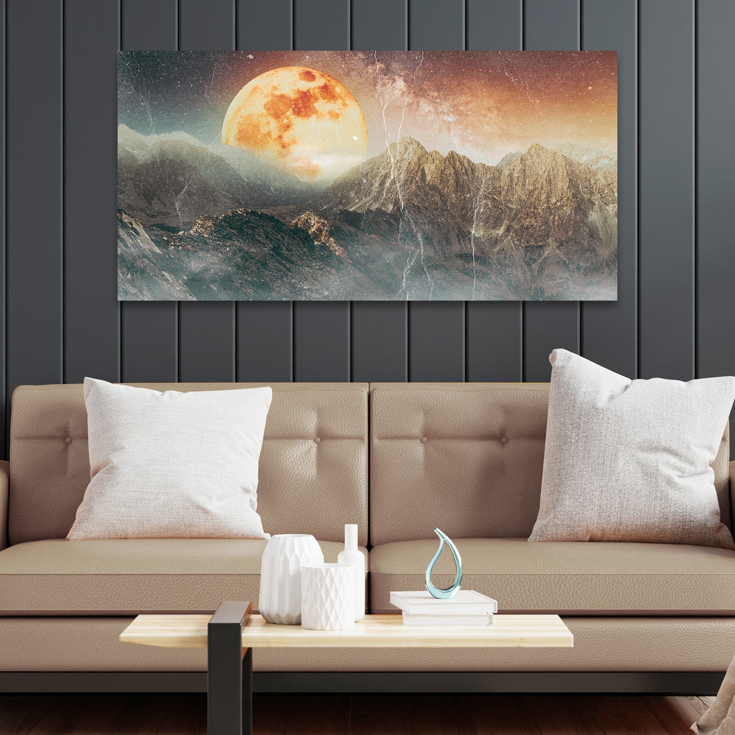 Orange Full Moon Behind Mountain Range Canvas Wall Art - Image by Tailored Canvases
