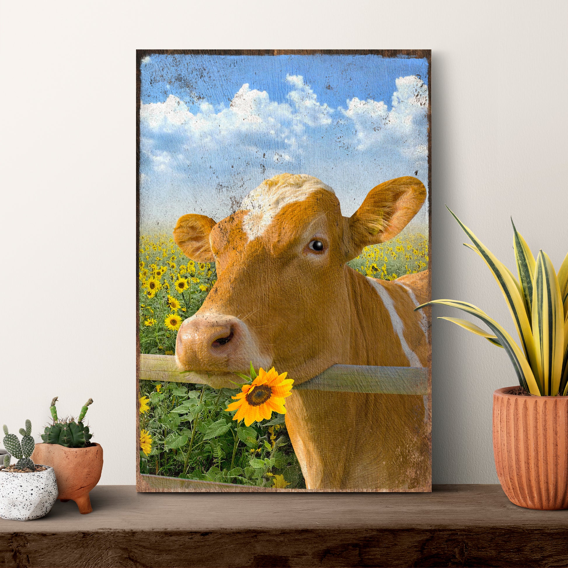 Cattle Cow With Sunflower Canvas Wall Art - Image by Tailored Canvases