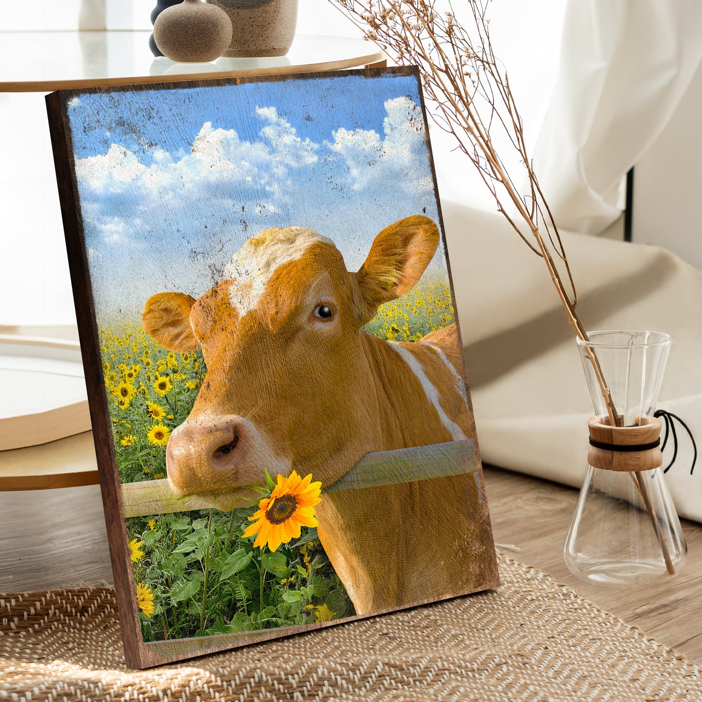 Cattle Cow With Sunflower Canvas Wall Art Style 1 - Image by Tailored Canvases