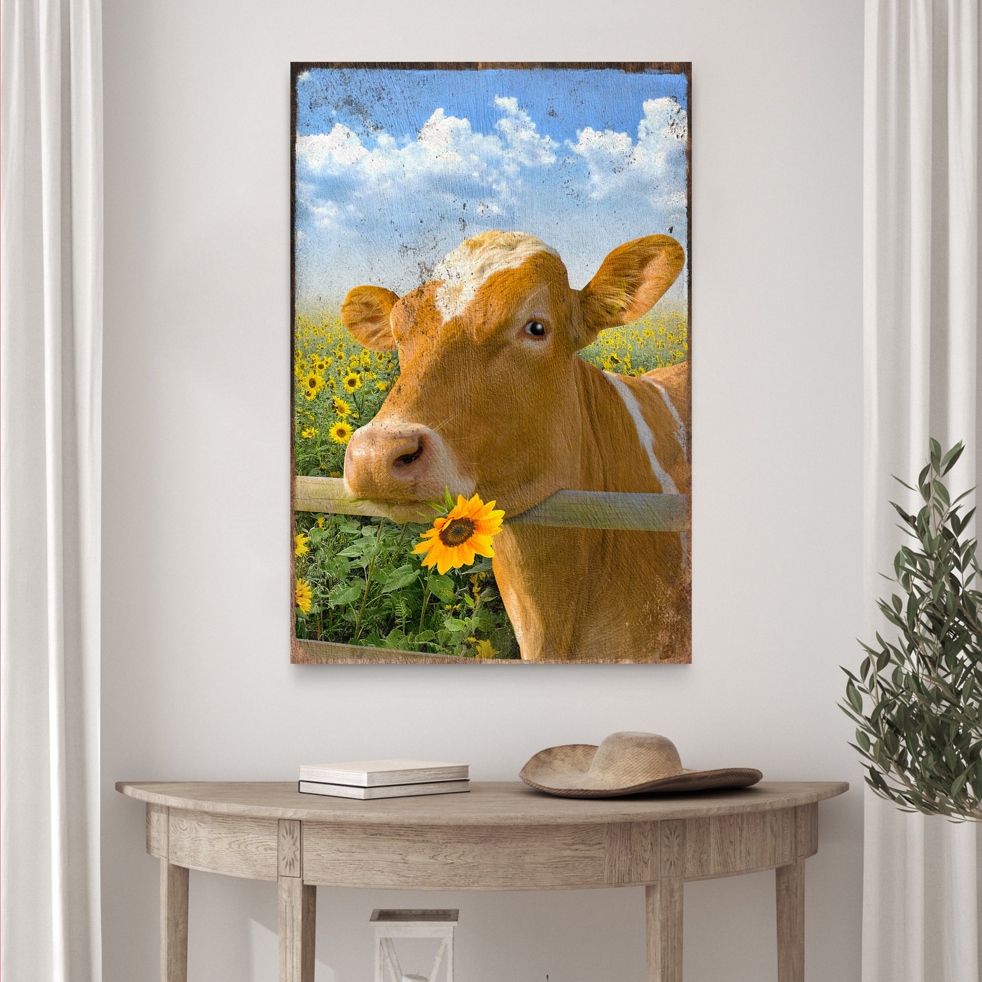 Cattle Cow With Sunflower Canvas Wall Art Style 2 - Image by Tailored Canvases