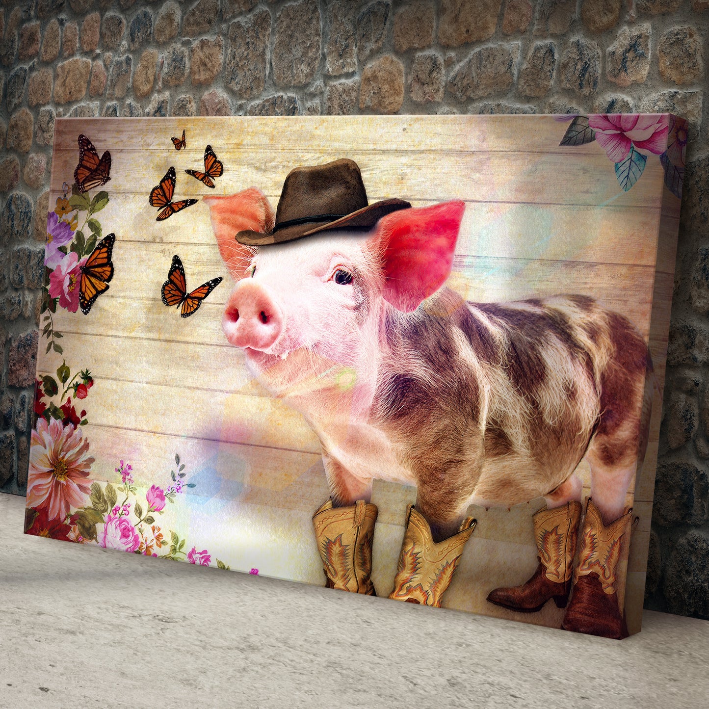 Cowboy Pig And Butterflies Canvas Wall Art Style 1 - Image by Tailored Canvases