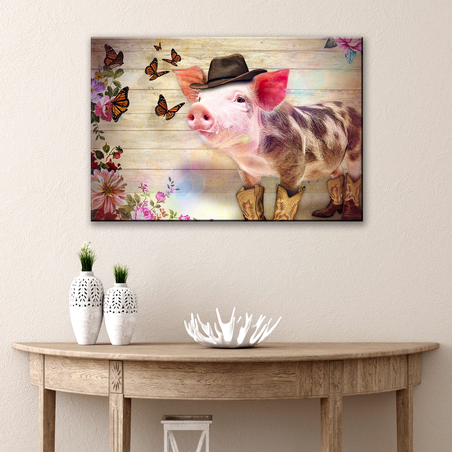 Cowboy Pig And Butterflies Canvas Wall Art Style 2 - Image by Tailored Canvases
