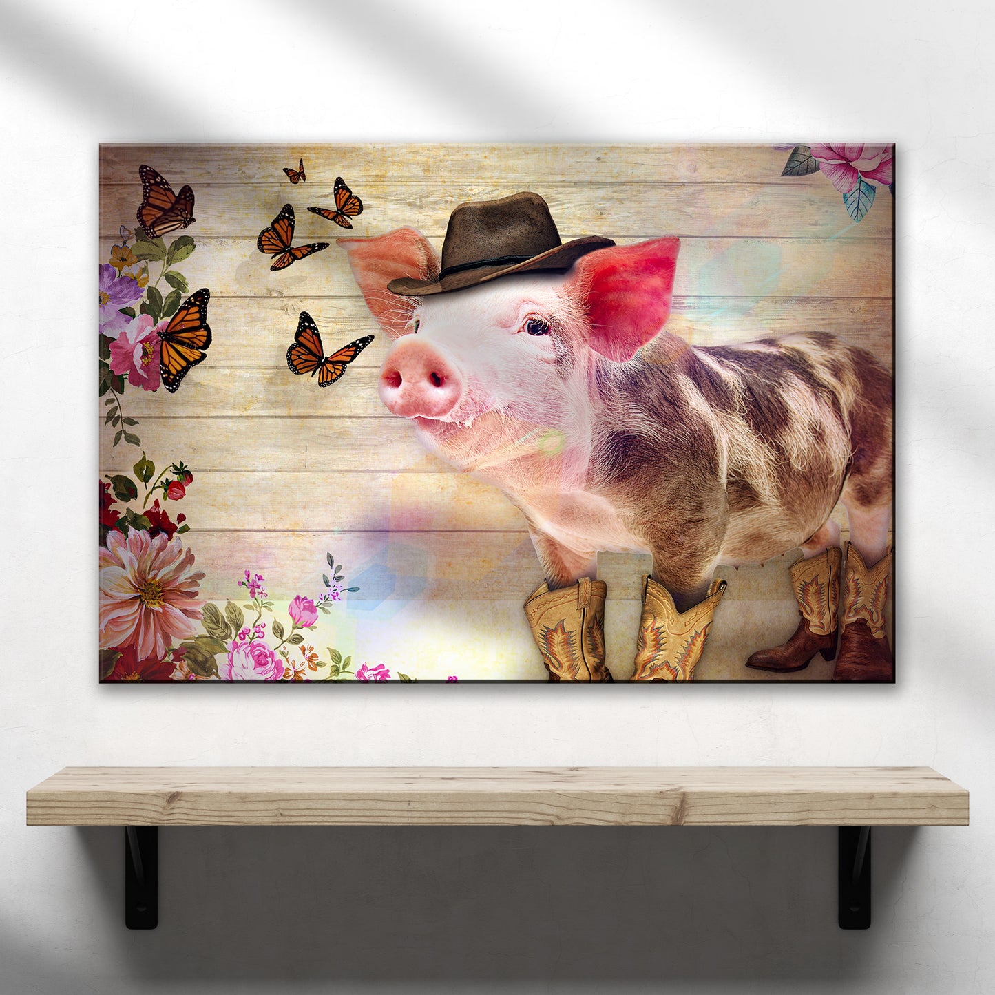 Cowboy Pig And Butterflies Canvas Wall Art - Image by Tailored Canvases