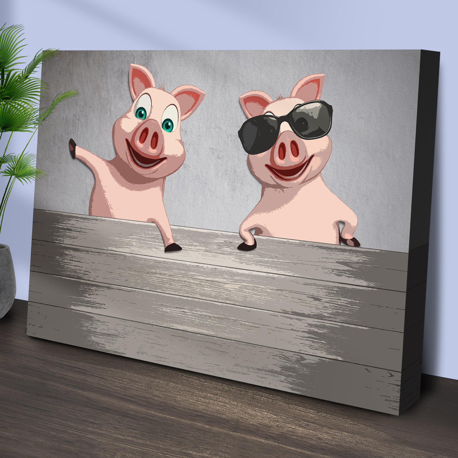 Funky Pigs On Fence Canvas Wall Art Style 1 - Image by Tailored Canvases