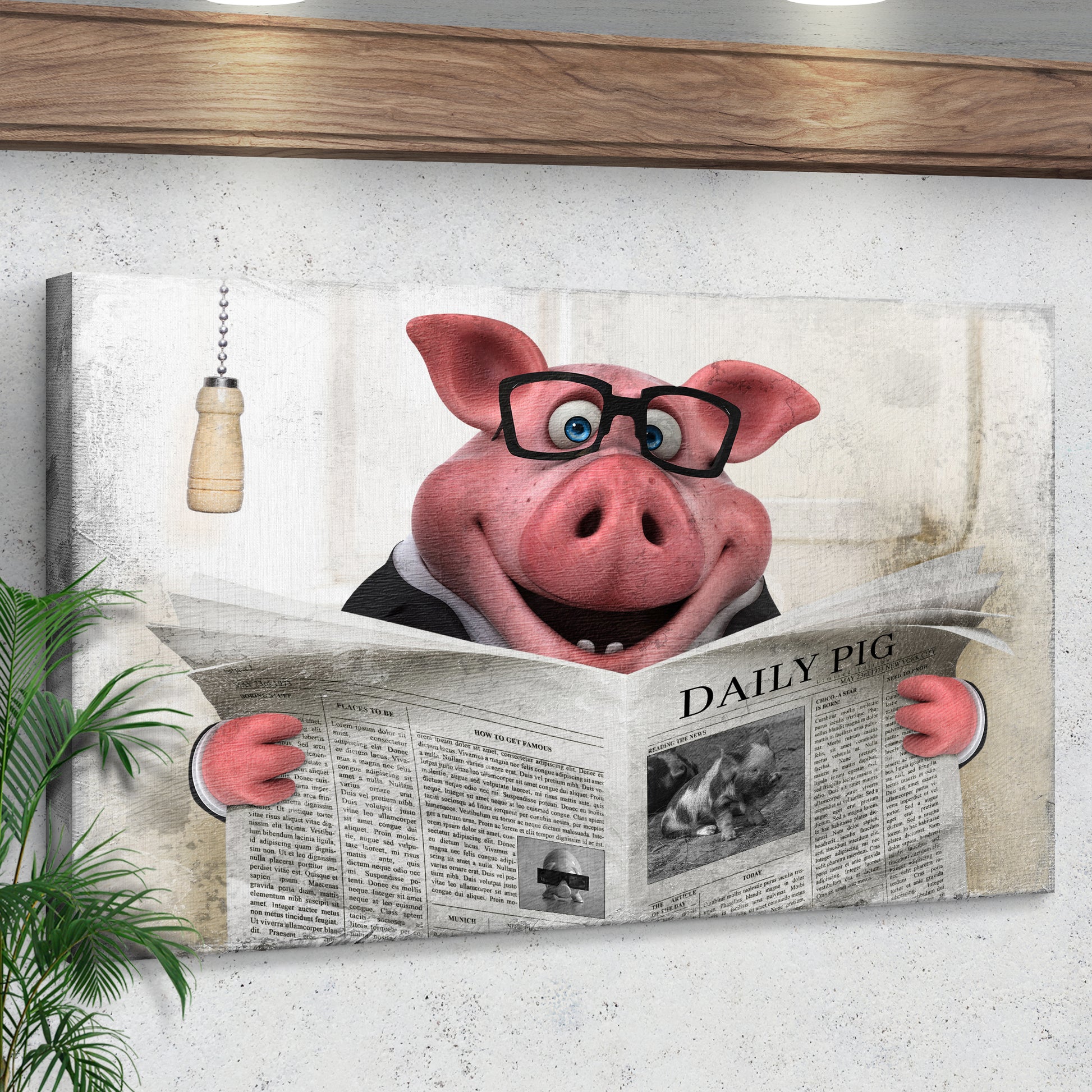 Grand Pig Reading Newspaper Canvas Wall Art Style 1 - Image by Tailored Canvases