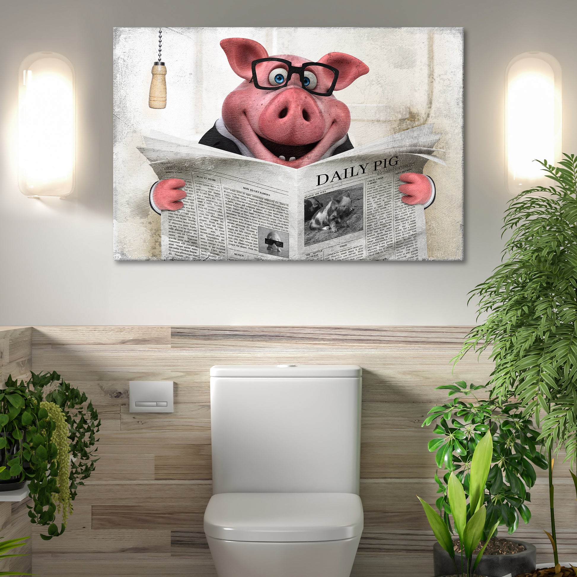 Grand Pig Reading Newspaper Canvas Wall Art Style 2 - Image by Tailored Canvases