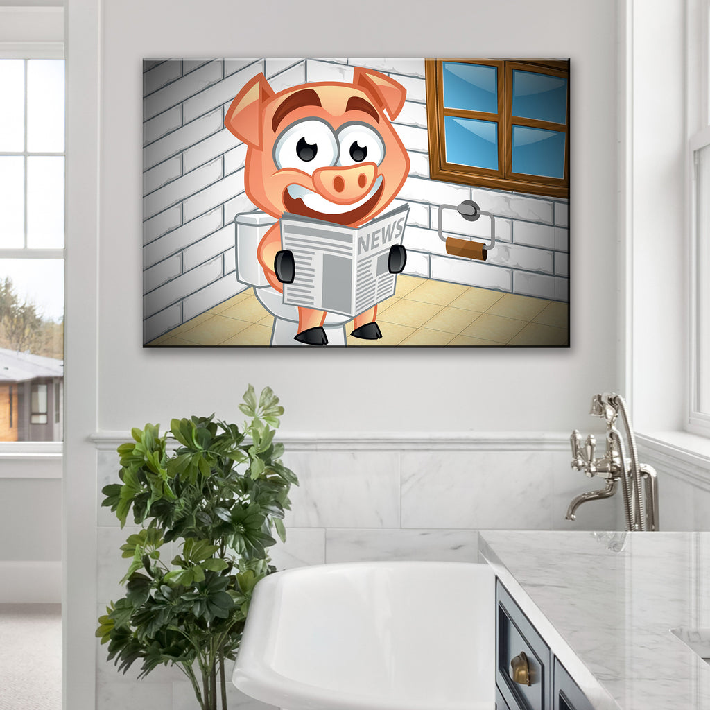 Pig Reading On Toilet Canvas Wall Art by Tailored Canvases 