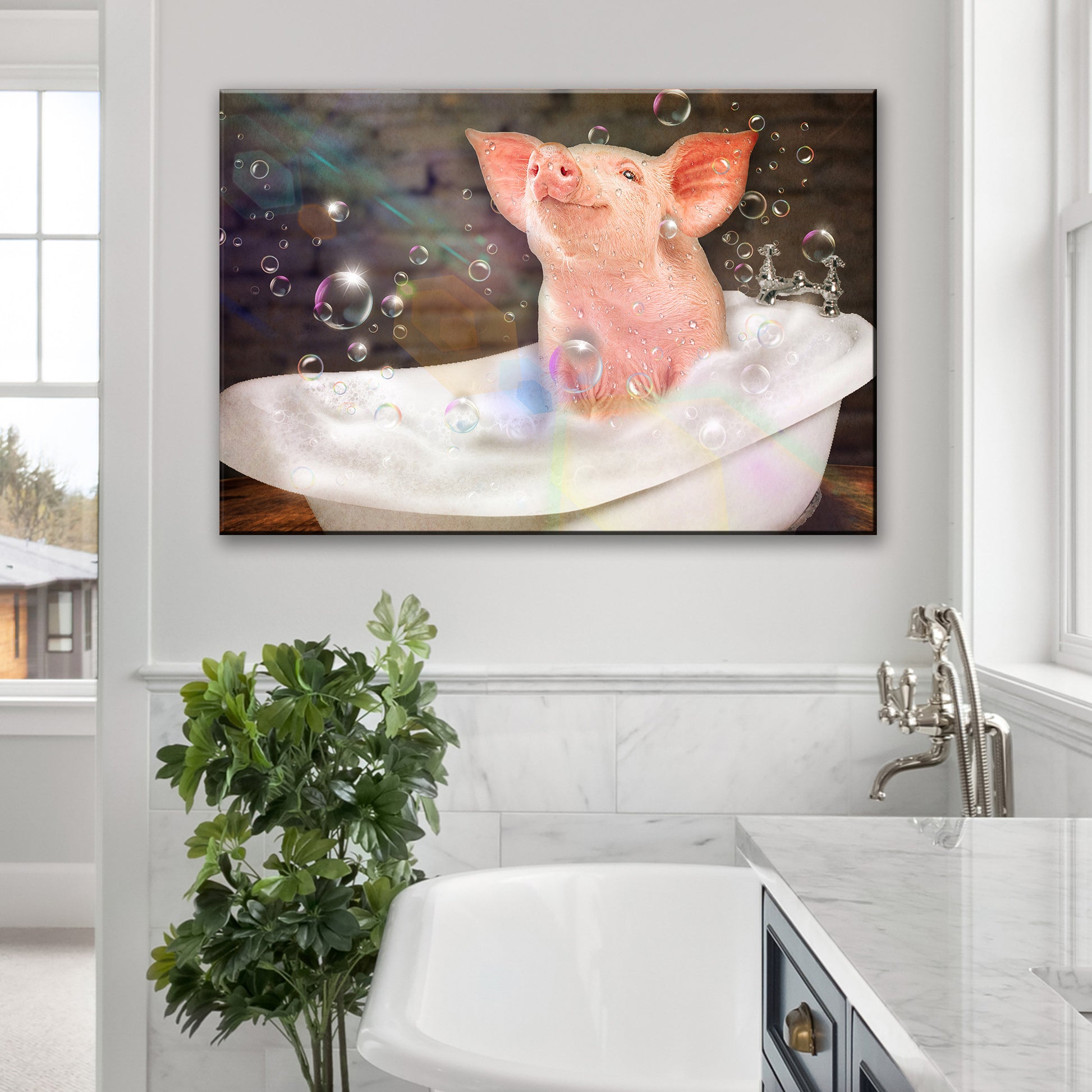 Bubble Bath Pig In Tub Canvas Wall Art Style 2 - Image by Tailored Canvases