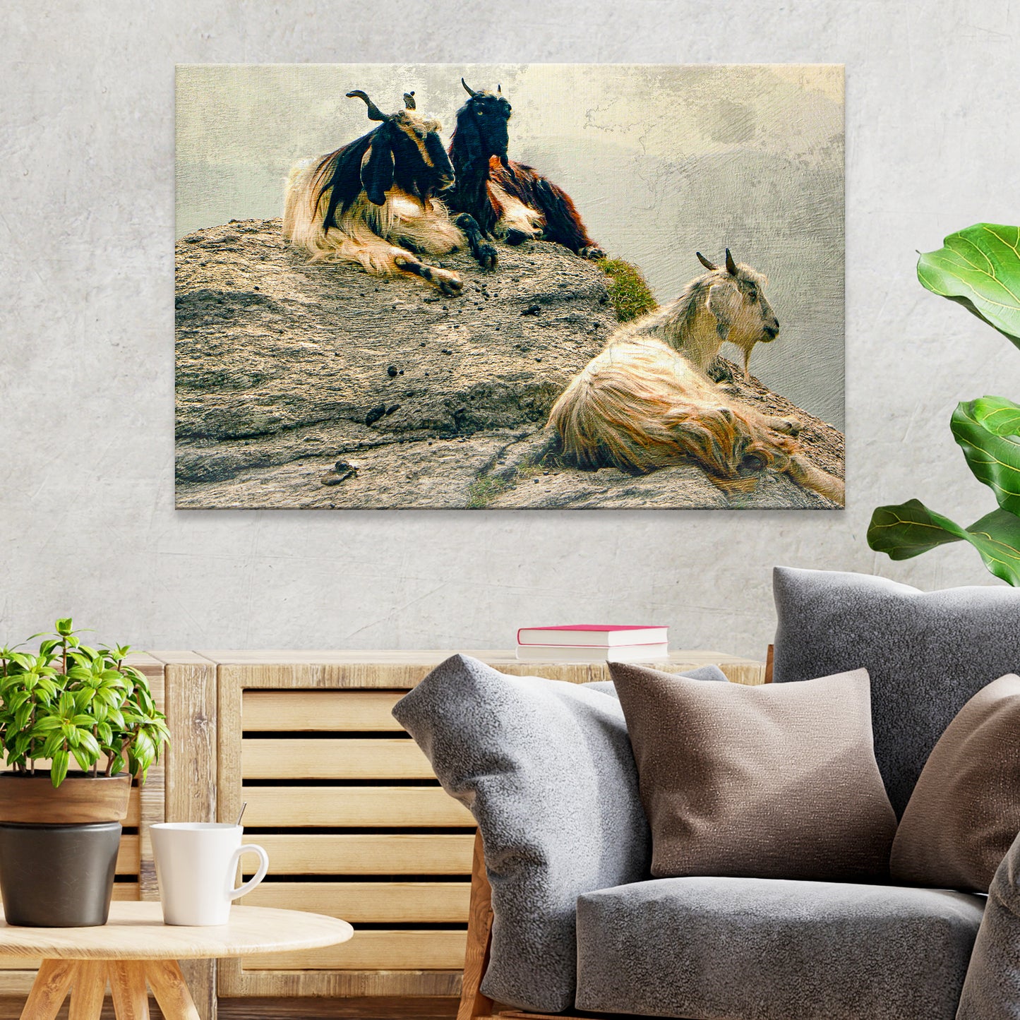 Pashmina Goats On Rocky Mountain Canvas Wall Art Style 2 - Image by Tailored Canvases