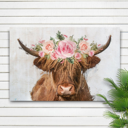 Highland Cow Floral Wreath Painting Canvas Wall Art - Image by Tailored Canvases