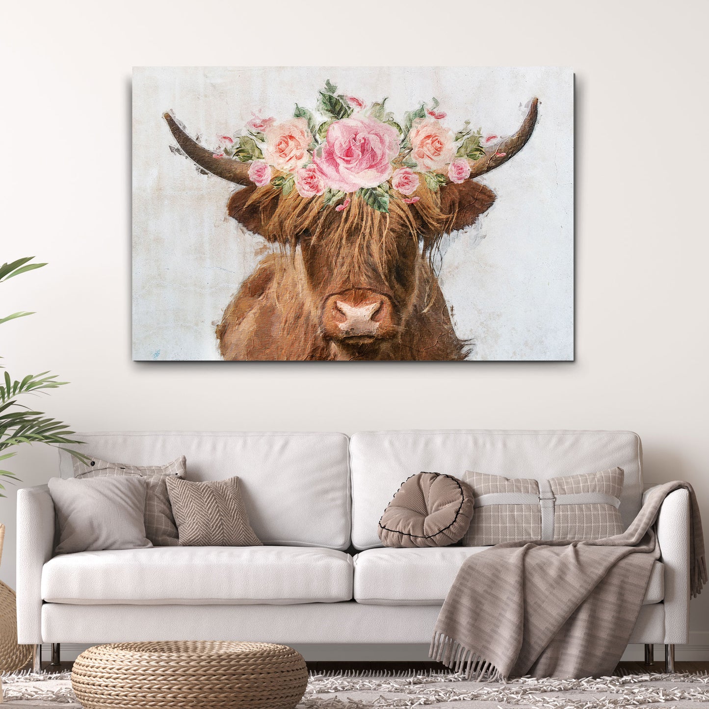 Highland Cow Floral Wreath Painting Canvas Wall Art Style 2 - Image by Tailored Canvases