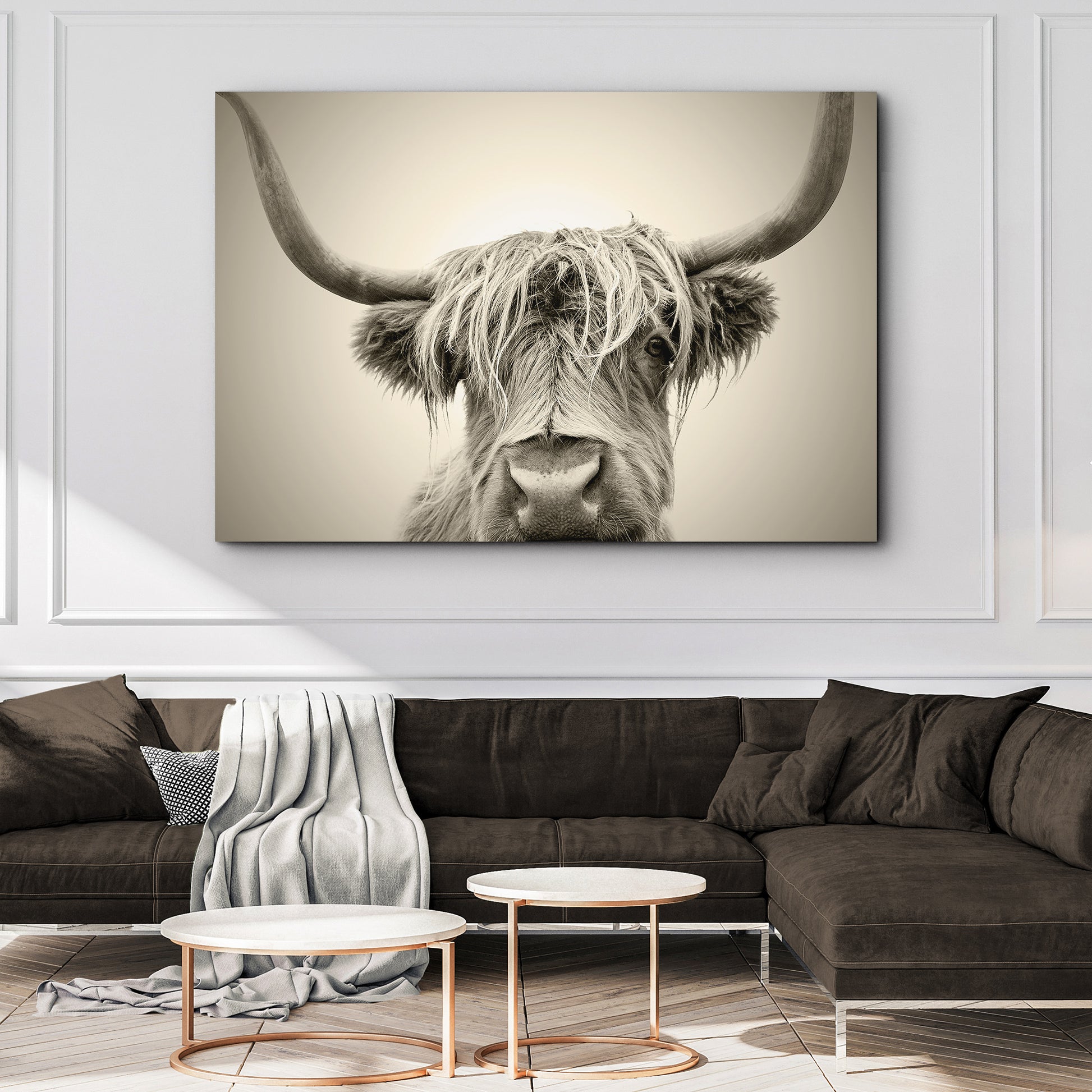Highland Cow Sepia Head Portrait Canvas Wall Art Style 2 - Image by Tailored Canvases
