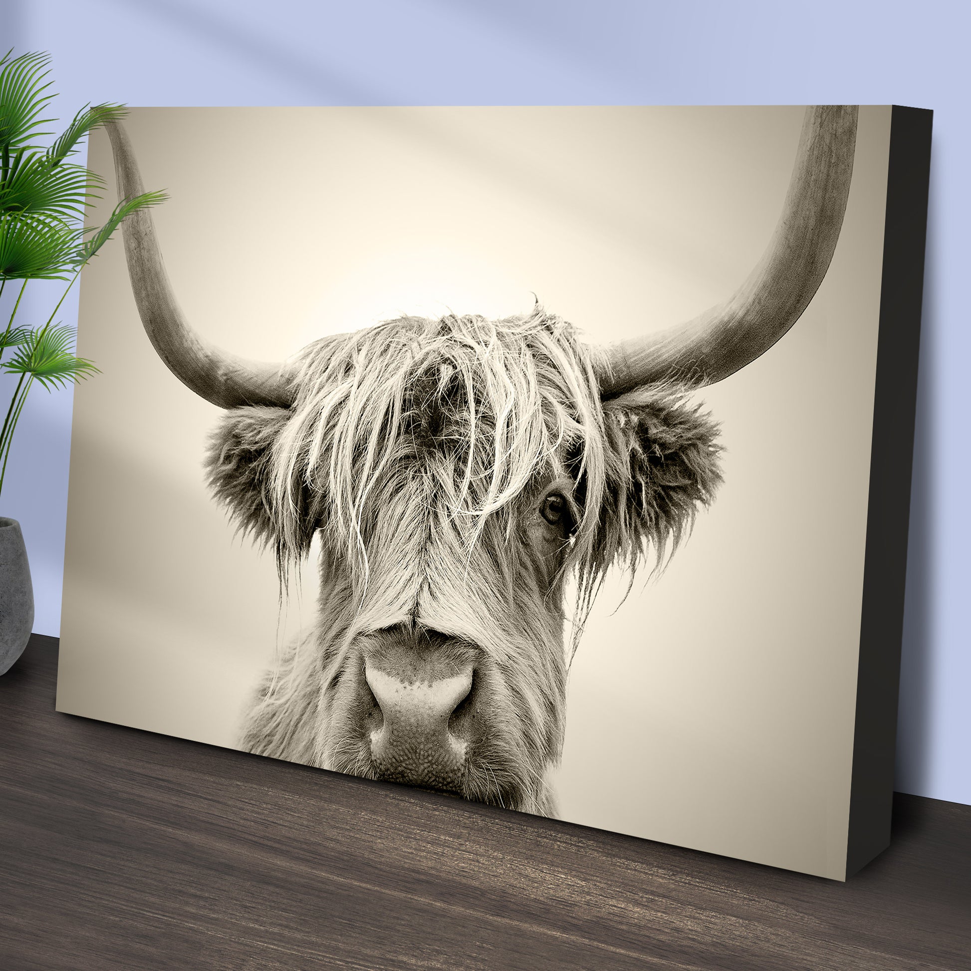 Highland Cow Sepia Head Portrait Canvas Wall Art Style 1 - Image by Tailored Canvases
