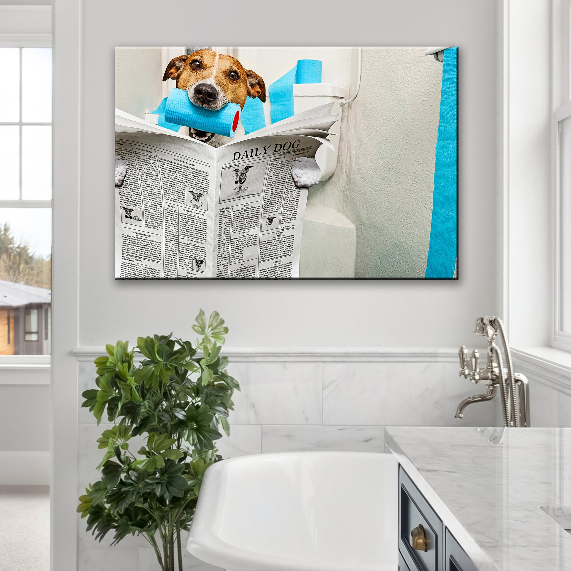 Dog Reading Newspaper On Toilet Canvas Wall Art - Image by Tailored Canvases