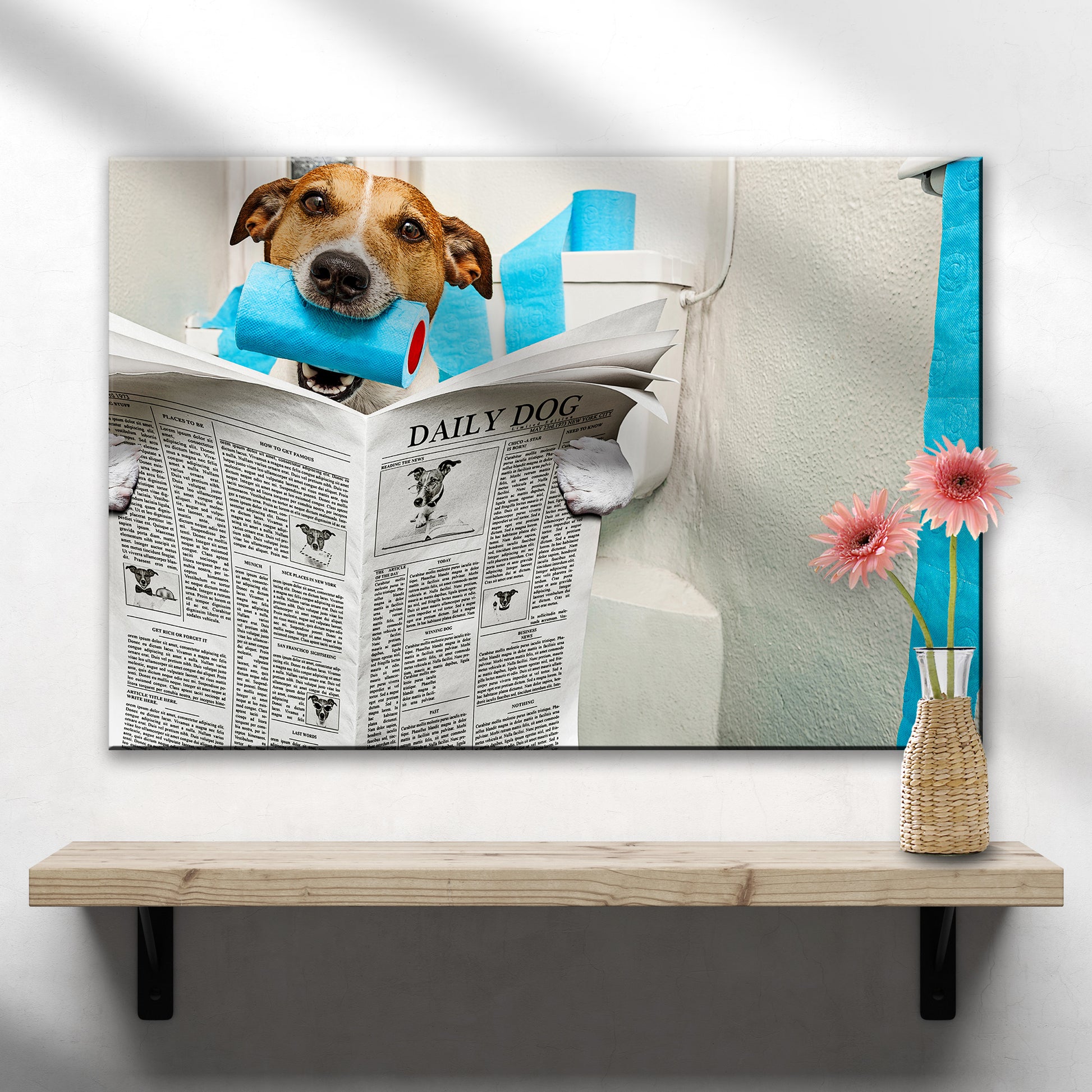 Dog Reading Newspaper On Toilet Canvas Wall Art Style 1 - Image by Tailored Canvases