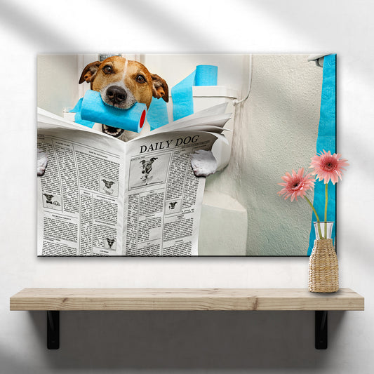 Dog Reading Newspaper On Toilet Canvas Wall Art - Image by Tailored Canvases