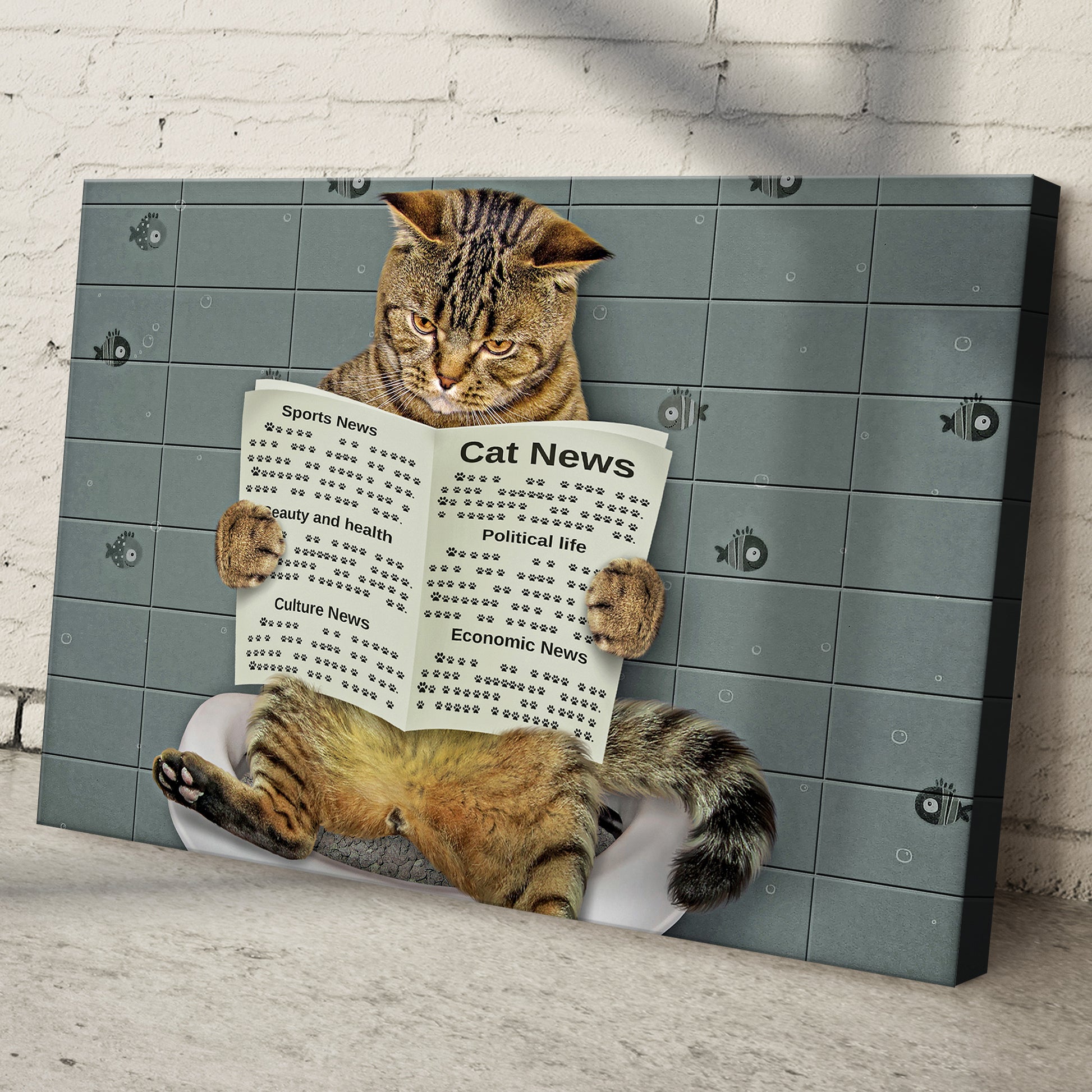 Cat Toilet Reading Newspaper Canvas Wall Art Style 2 - Image by Tailored Canvases