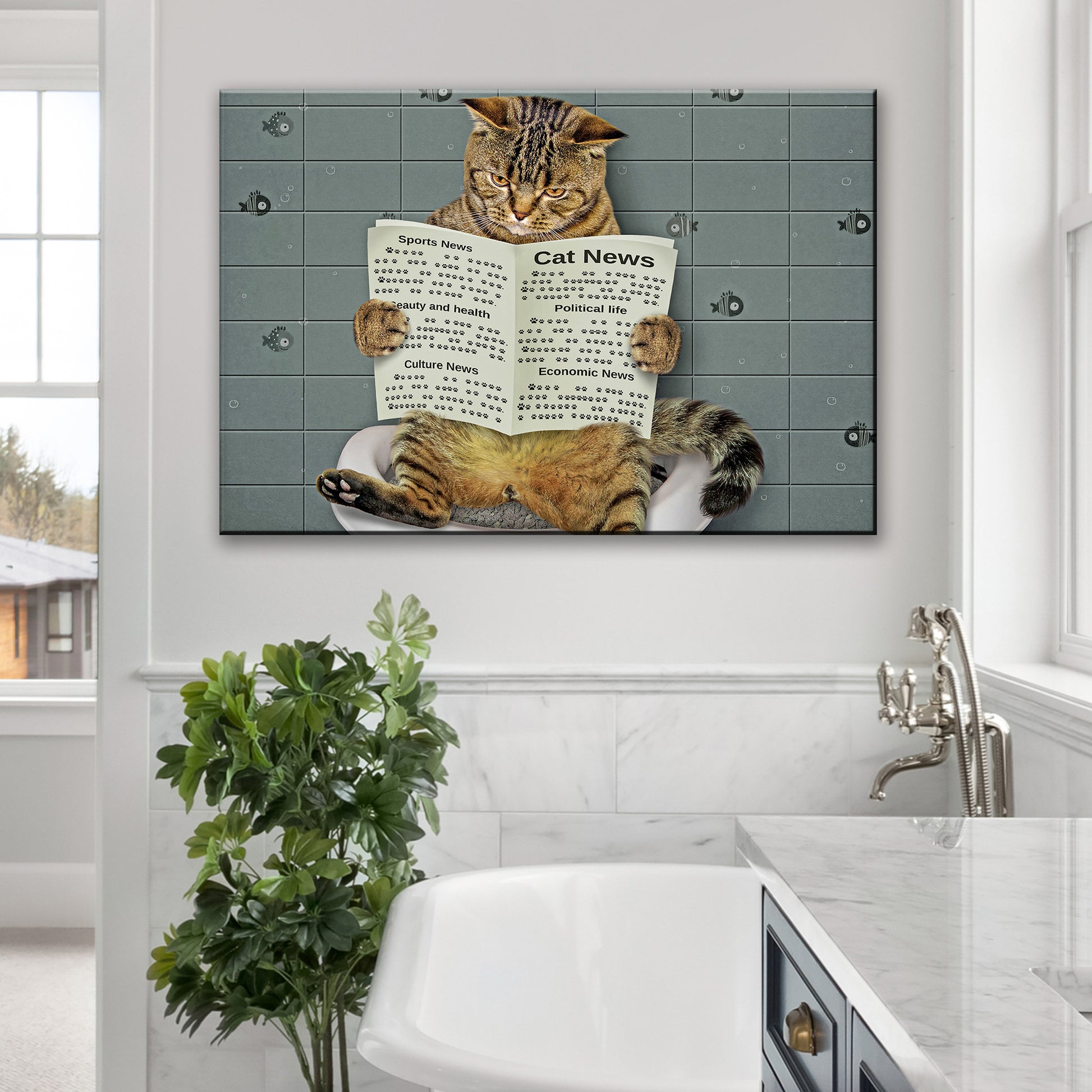 Cat Toilet Reading Newspaper Canvas Wall Art - Image by Tailored Canvases