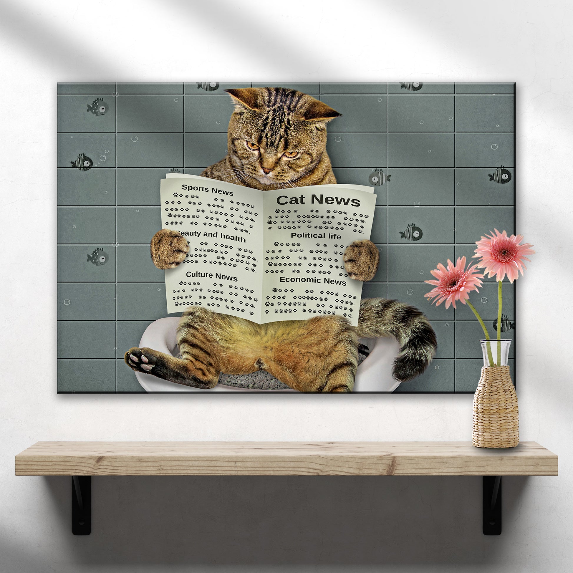 Cat Toilet Reading Newspaper Canvas Wall Art Style 1 - Image by Tailored Canvases