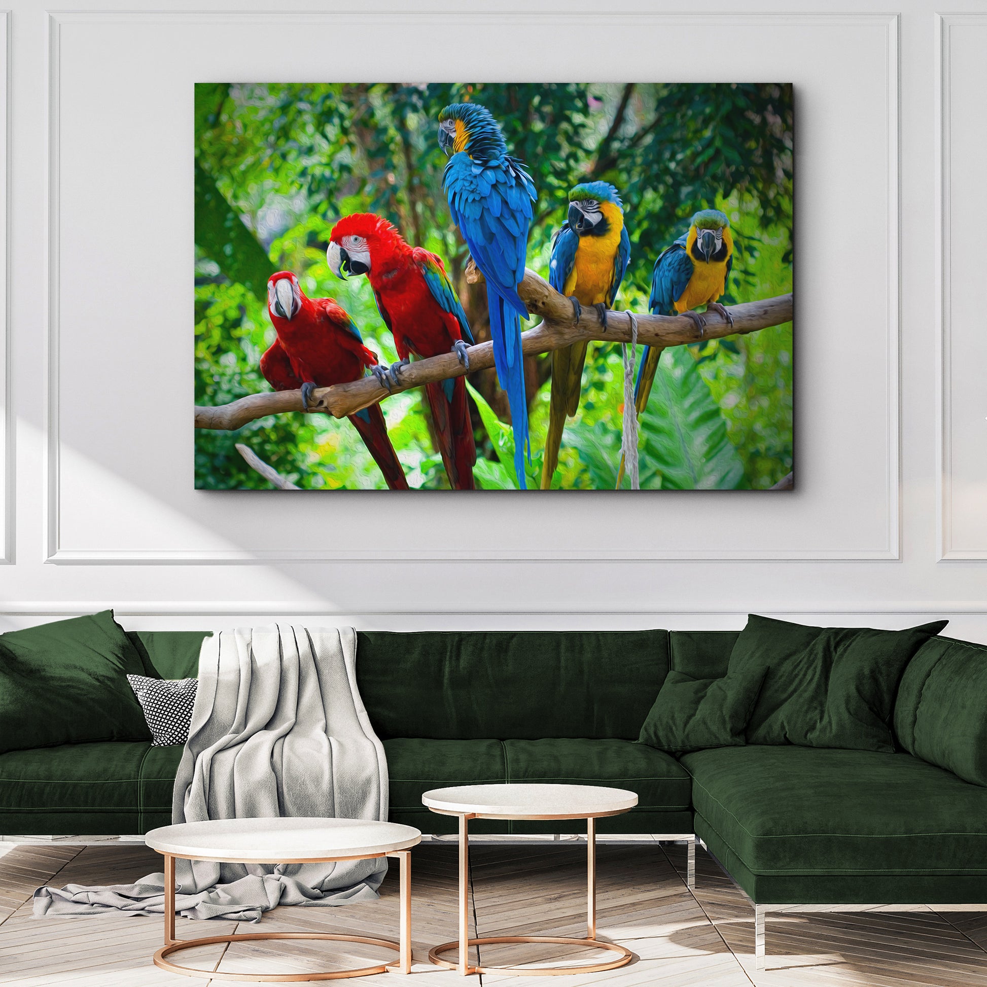 Colorful Parrots On Tree Branch Canvas Wall Art Style 1 - Image by Tailored Canvases