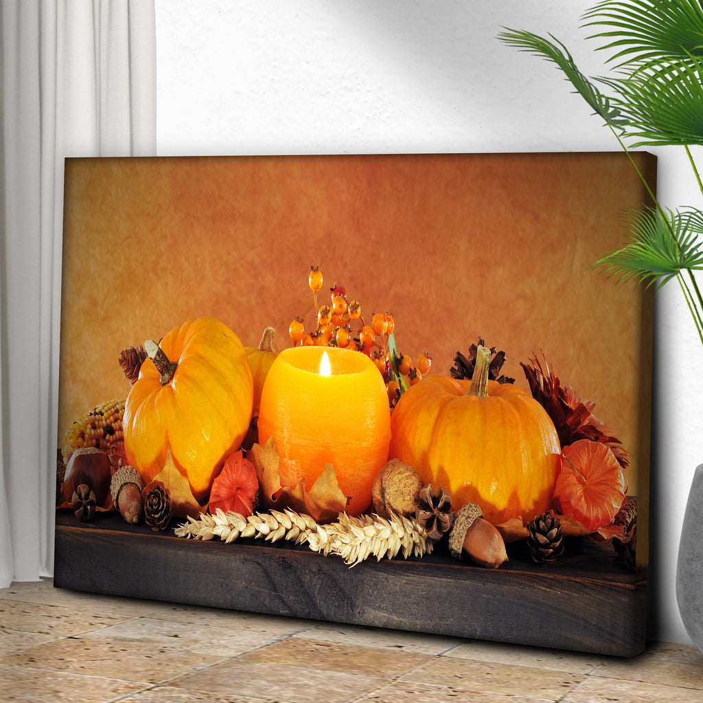 Decor Elements Candle and Thanksgiving Pumpkins Canvas Wall Art by Tailored Canvases