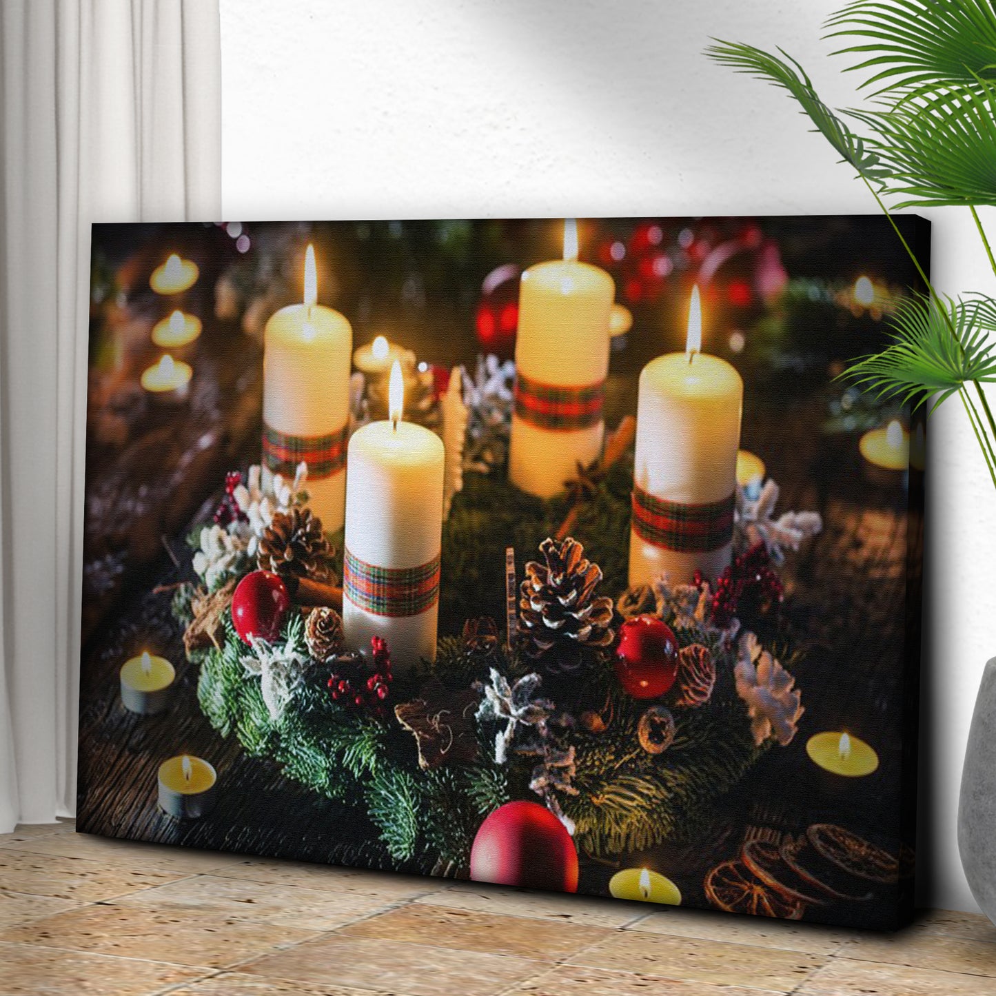 Decor Elements Candle Christmas Wreath Canvas Wall Art