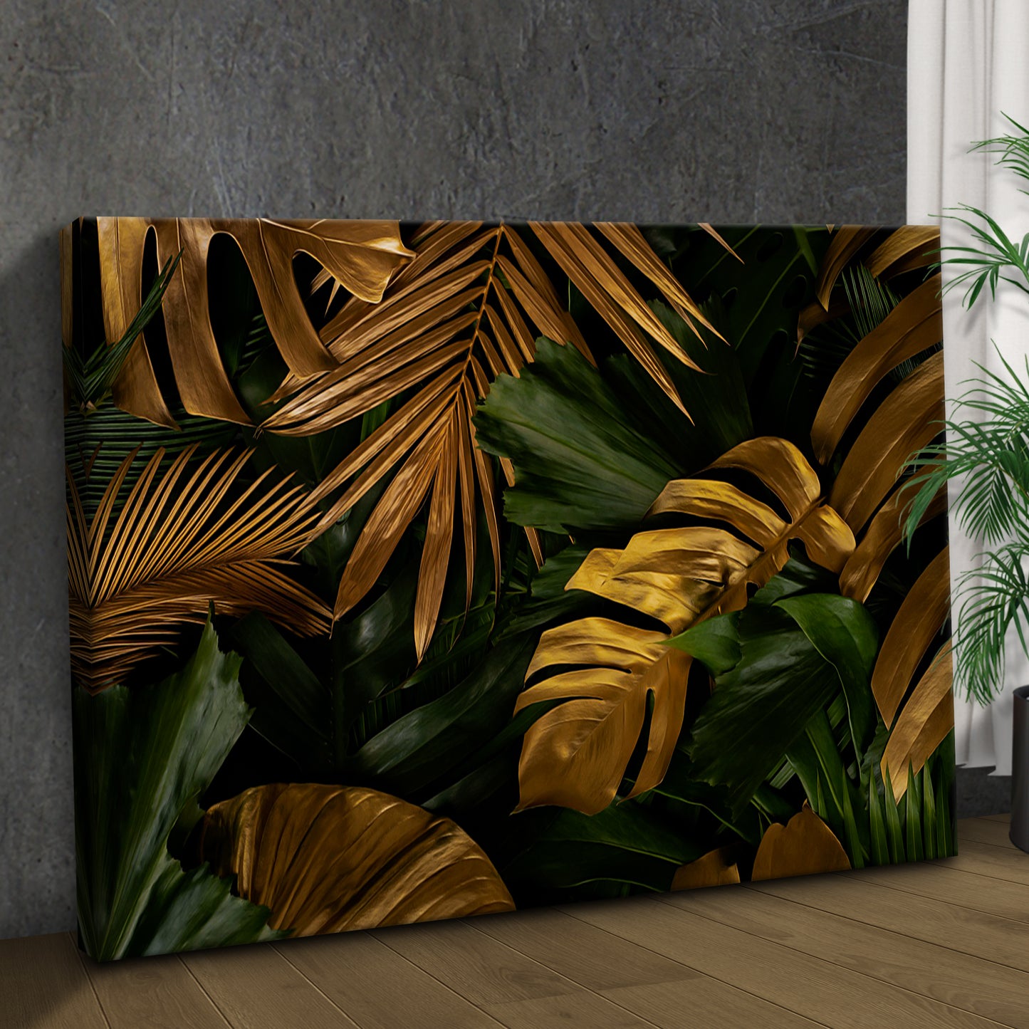 Golden Monstera Leaves Canvas Wall Art II Style 1 - Image by Tailored Canvases
