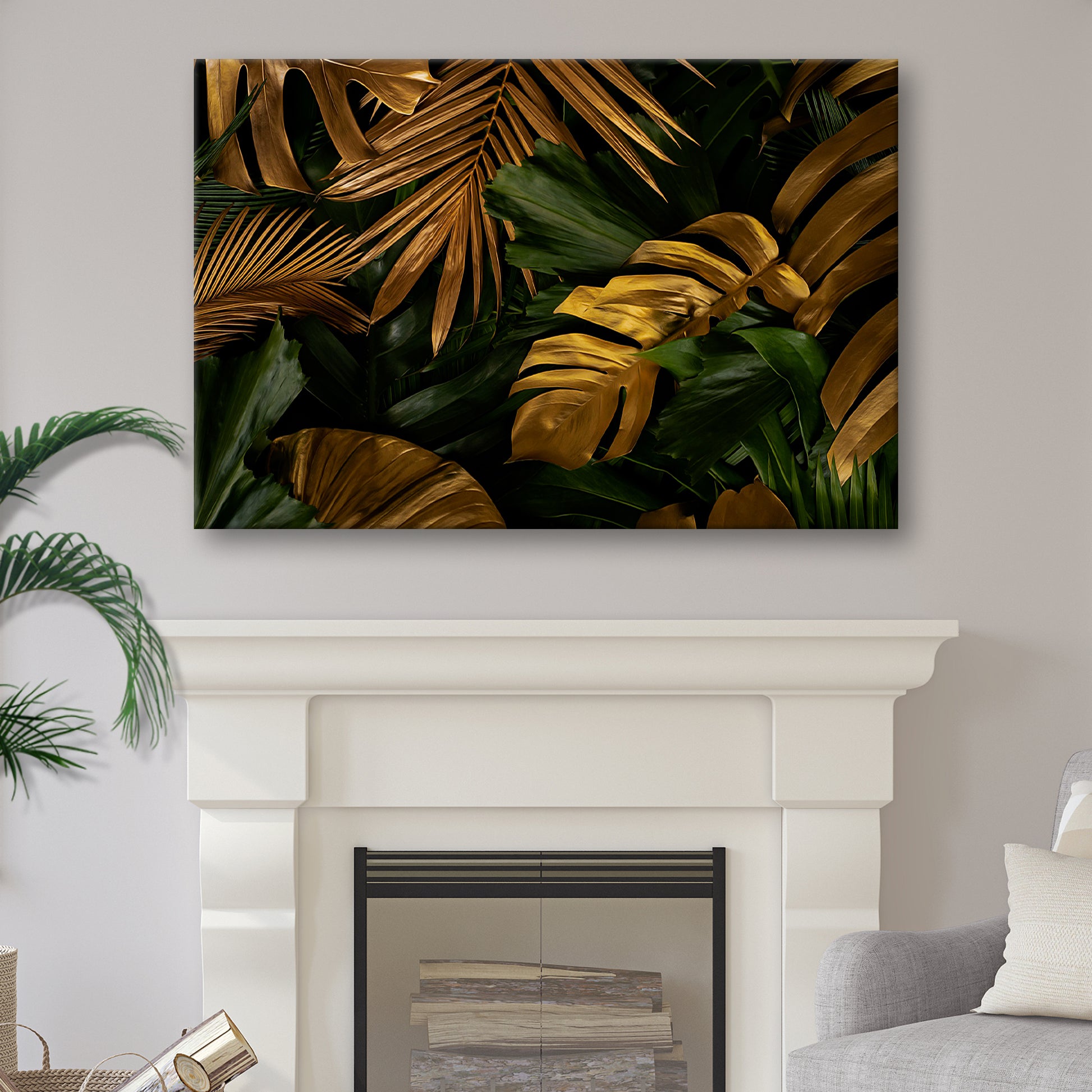 Golden Monstera Leaves Canvas Wall Art II Style 2 - Image by Tailored Canvases