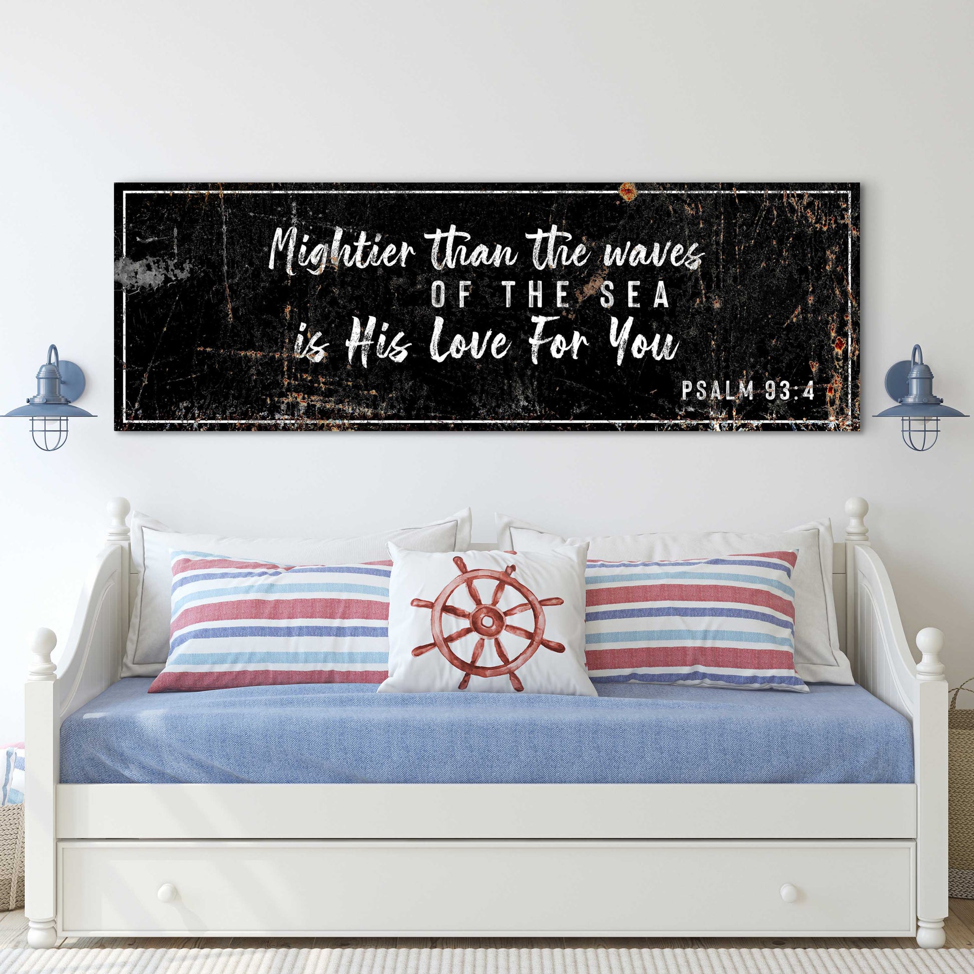 MIGHTIER THAN THE WAVES IS HIS LOVE Rustic Sign Style 2 - Image by Tailored Canvases