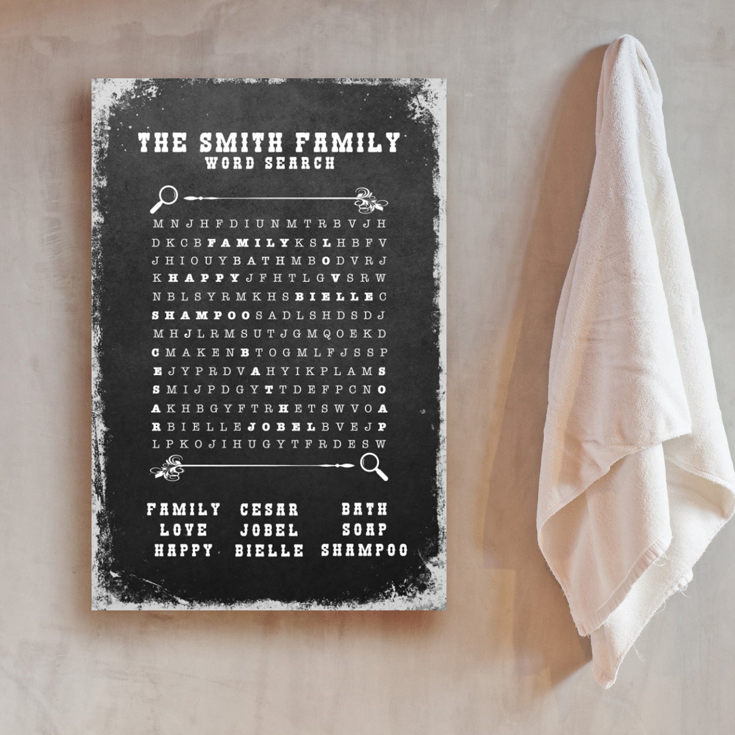 Family Bathroom Word Search Sign | Customizable Canvas Style 2 - Image by Tailored Canvases