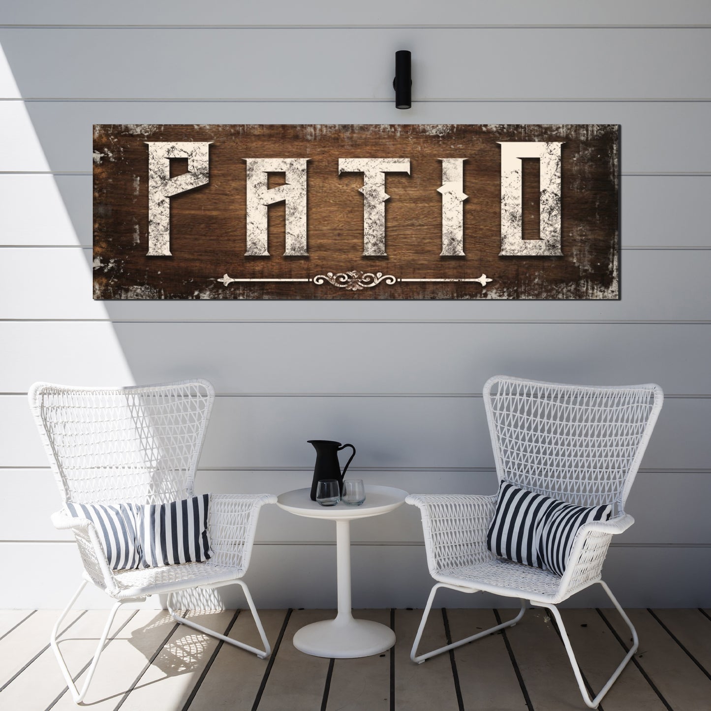 Distressed White Patio Sign - Image by Tailored Canvases