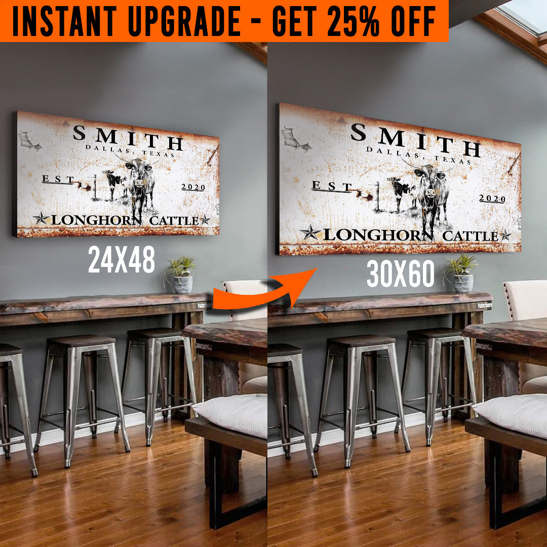Upgrade Your 48x24 Inches 'Longhorn Rustic Cattle' (Style 2) Canvas To 60x30 Inches