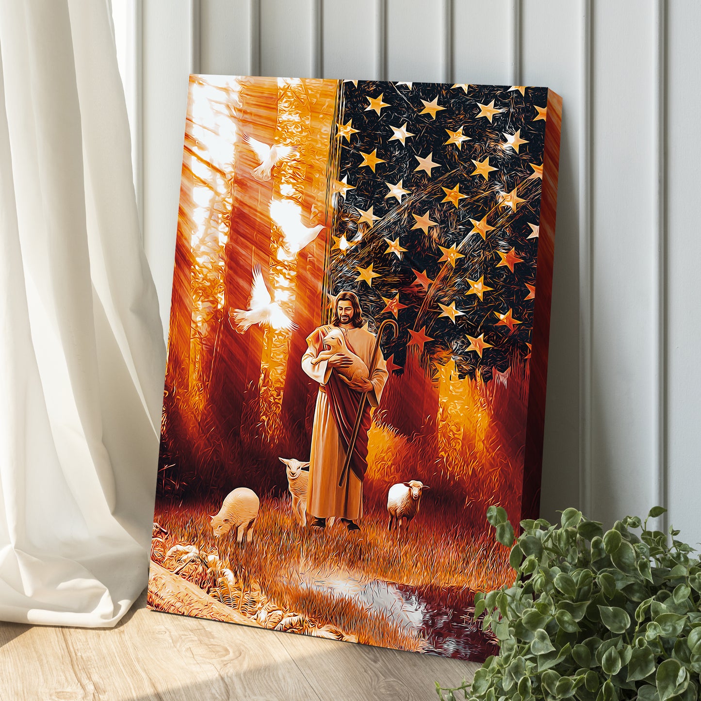 Jesus walking with lambs (READY TO HANG) - Wall Art Image by Tailored Canvases