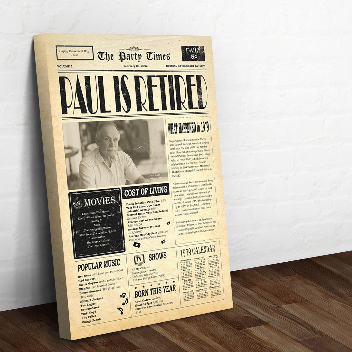 Newspaper Retirement Gift Sign Style 1 - Image by Tailored Canvases