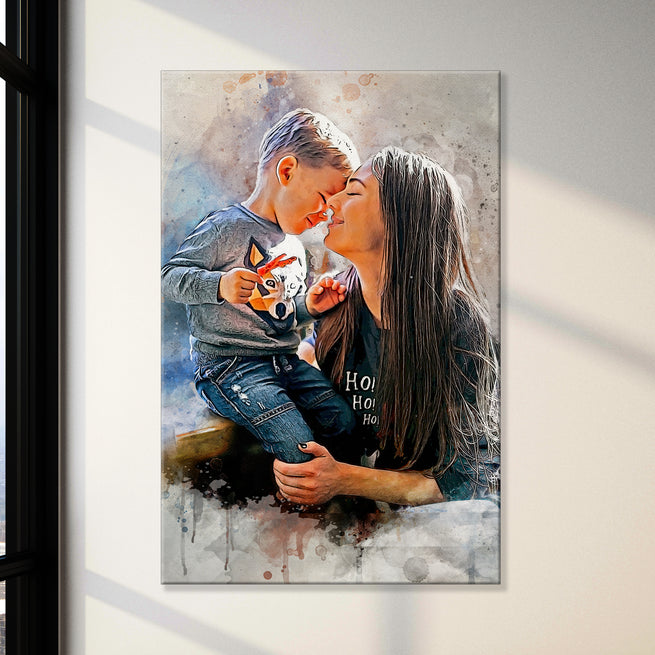 Mother And Son Watercolor Portrait Sign | Customizable Canvas by Tailored Canvases