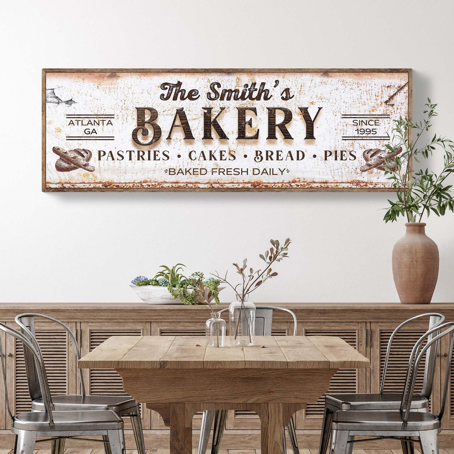 Personalized Bakery Sign Farmhouse Kitchen Wall Décor Gift For Baker Baking Lovers Rustic Gift Wall Art Bakery Sign Baked Fresh Daily Decor Style 1 - Wall Art Image by Tailored Canvases