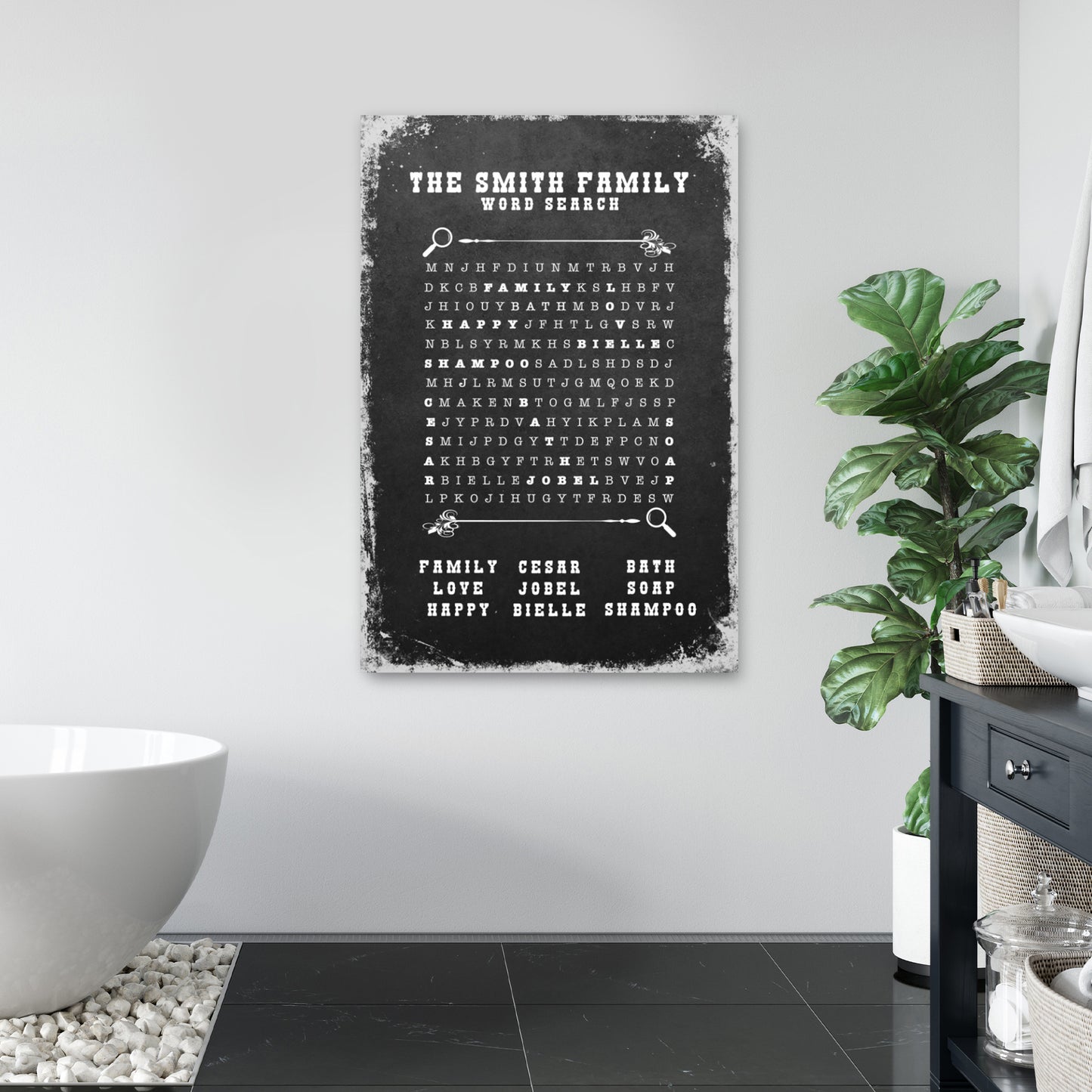 Family Bathroom Word Search Sign | Customizable Canvas Style 1 - Image by Tailored Canvases
